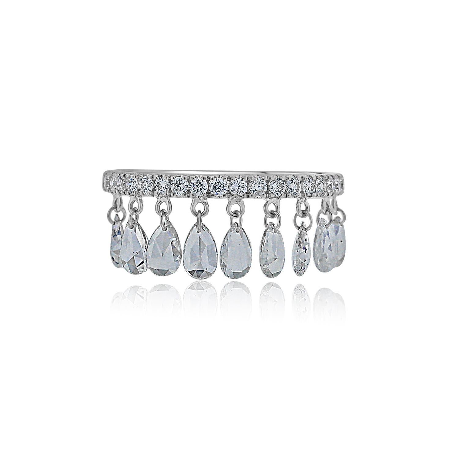 Women's Vera Belleza's pear shaped dangling Rose cut diamond ring in 18K gold For Sale