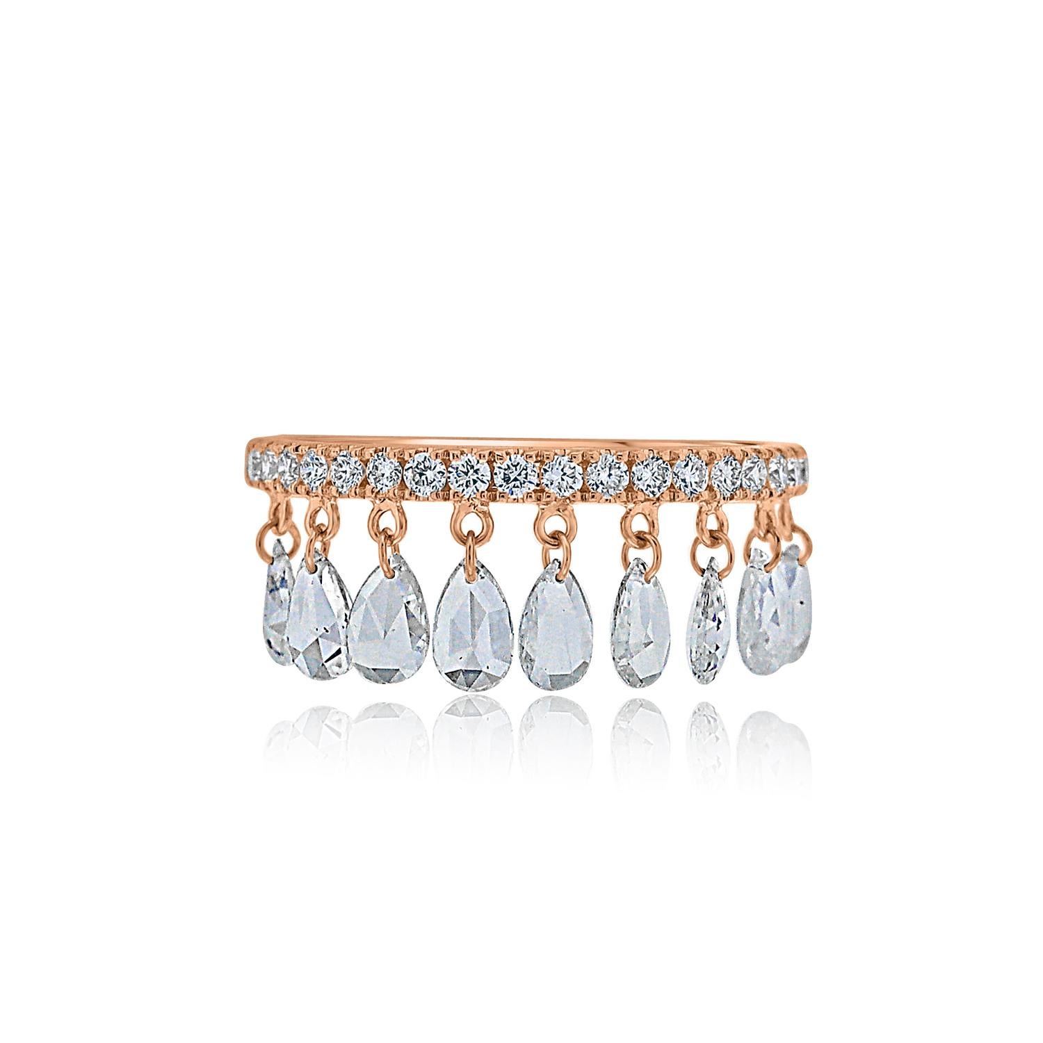 Vera Belleza's pear shaped dangling Rose cut diamond ring in 18K gold For Sale 1
