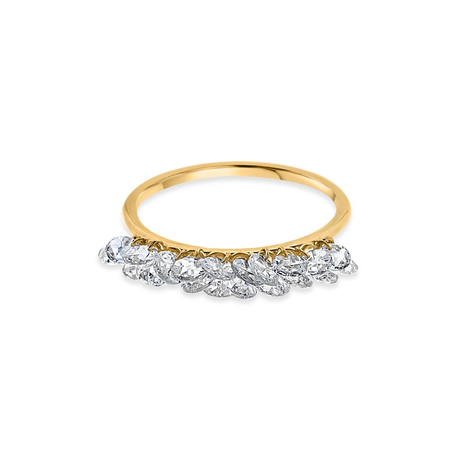 Add a touch of whimsy and elegance to your jewelry collection with this enchanting round rose-cut dangling diamond ring. Expertly crafted in luminous 18k gold, this design features a delicately set rose-cut diamond that exudes timeless brilliance.