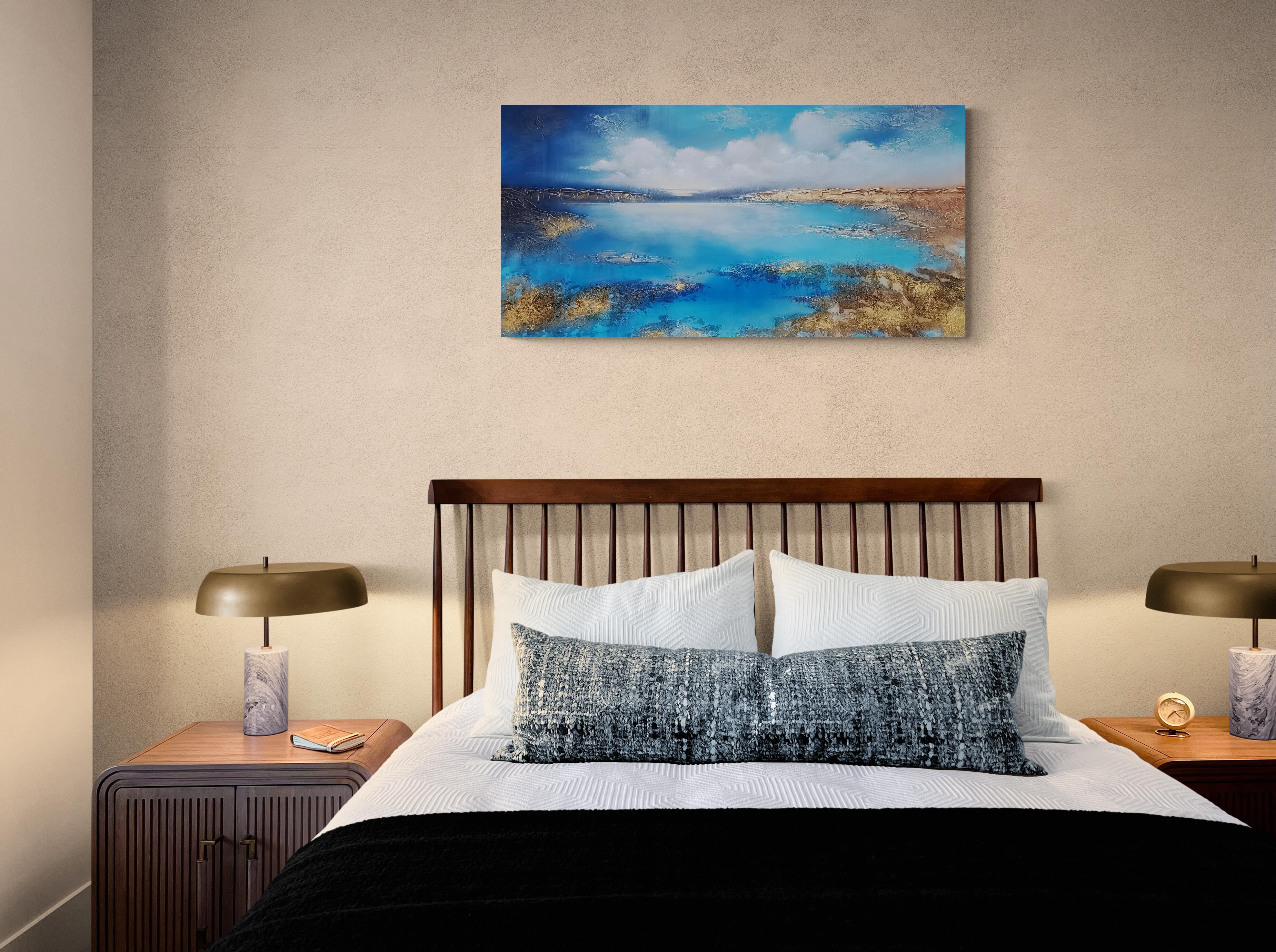 This is a large abstract beautiful structured mixed-media painting with painted edges, so it can be hung immediately without framing.

This painting has a lot of structures and layers. Acrylic mixed media. The structure aspect and metallic colors