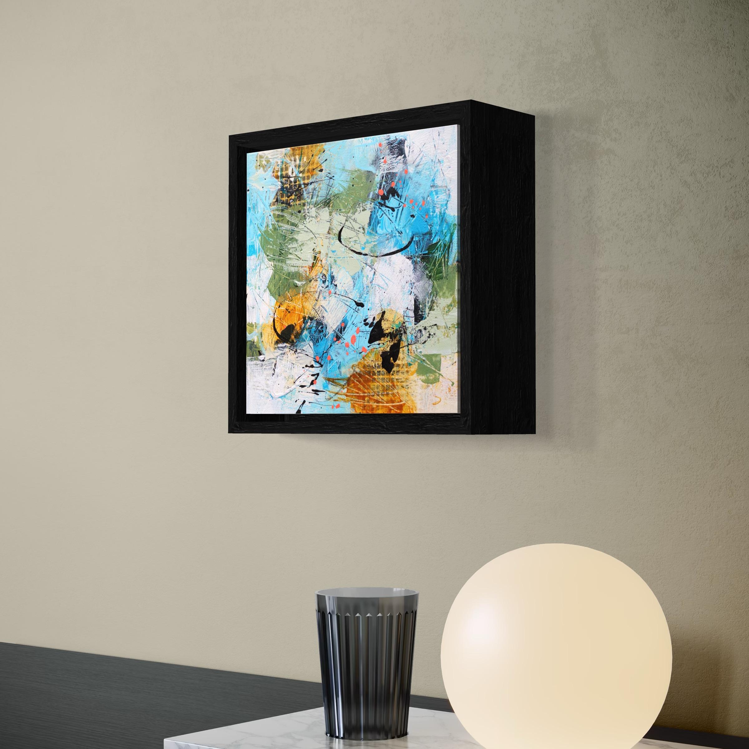 This is a small colourful abstract painting. The painting is framed in a black wooden frame, ready to hang. (size framed: 23,5x23.5x3 cm)

Please feel free to ask any questions if needed.

** Artistic professionalism, non-standard original