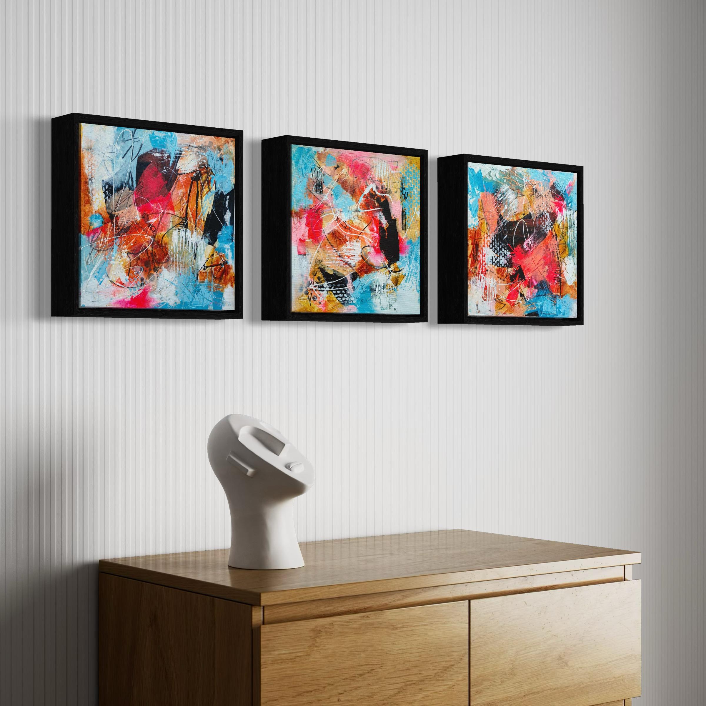 This is a colourful abstract triptych. Each painting is framed in a black wooden frame, ready to hang. (size of each painting framed: 34x34x3,5 cm). The size of the triptych is 34 x 102 x 3,5 cm. The size can vary.

Please feel free to ask any