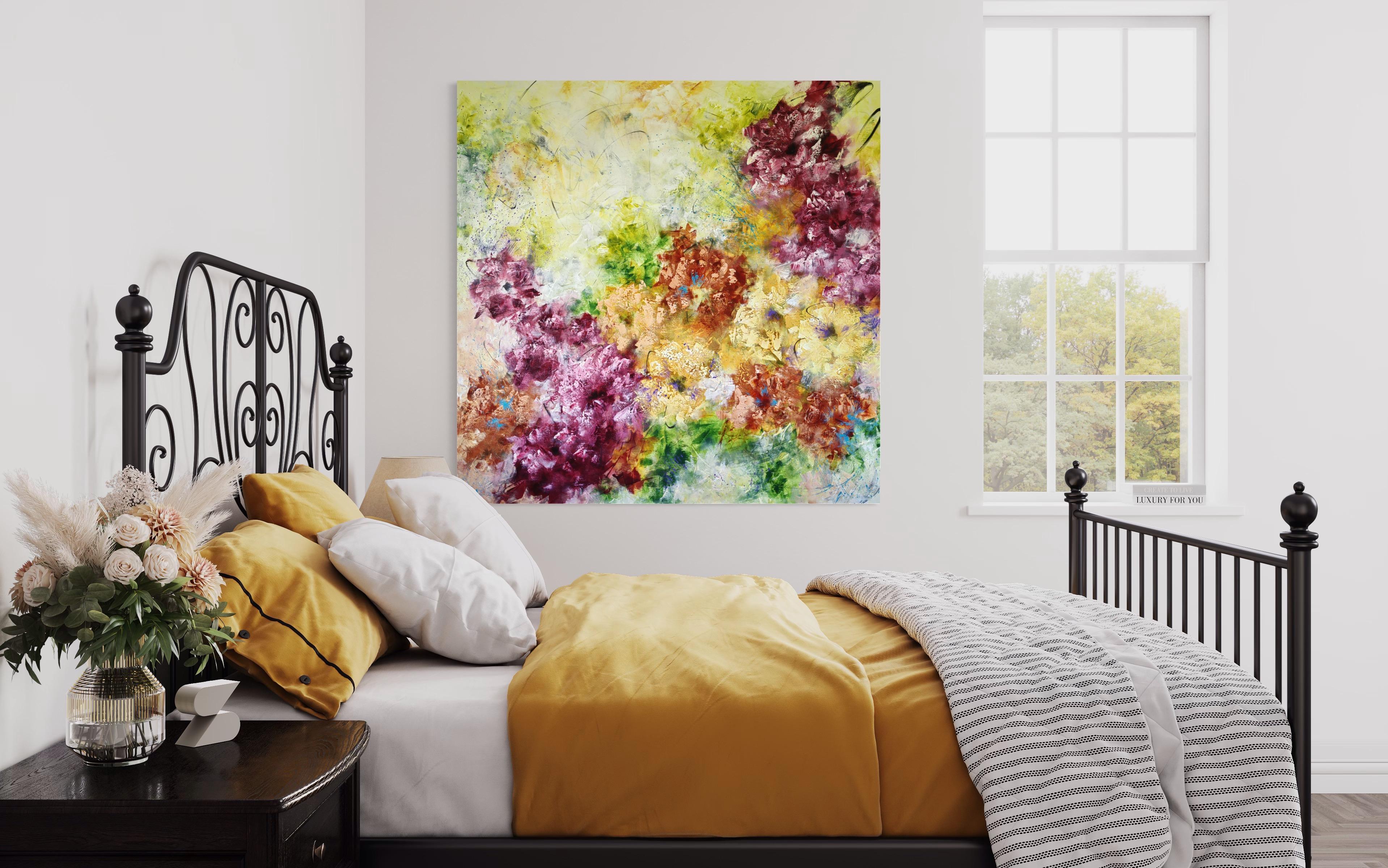 Blooming Abstraction is a vibrant symphony of colours and shapes that brings vitality and energy to any space. This extra-large canvas awakens the senses with an abundance of blooms in yellow, green, orange and crimson. Each brushstroke is a witness