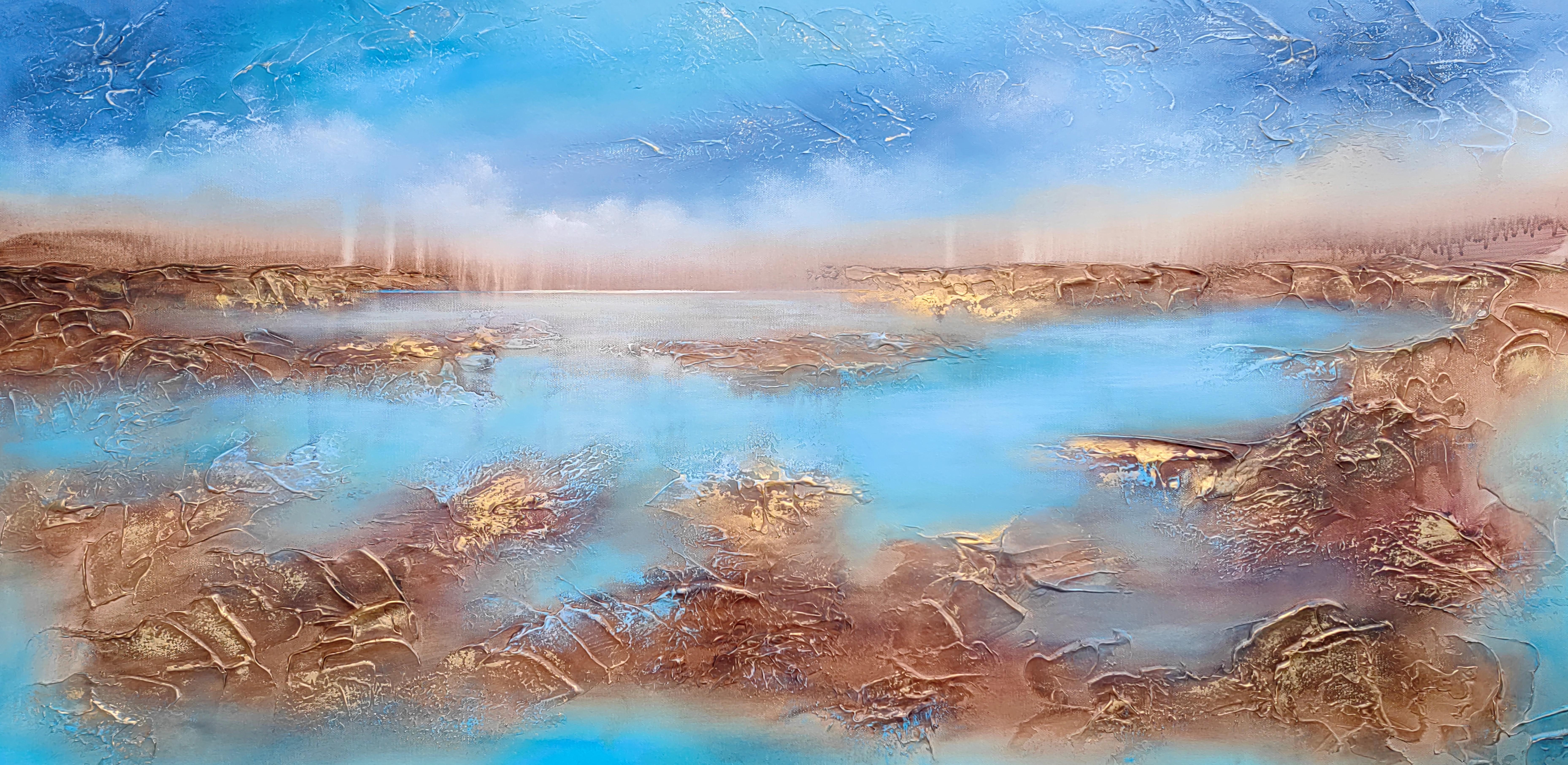 Vera Hoi Abstract Painting - "Blue Lagoon" Abstract textured seascape painting