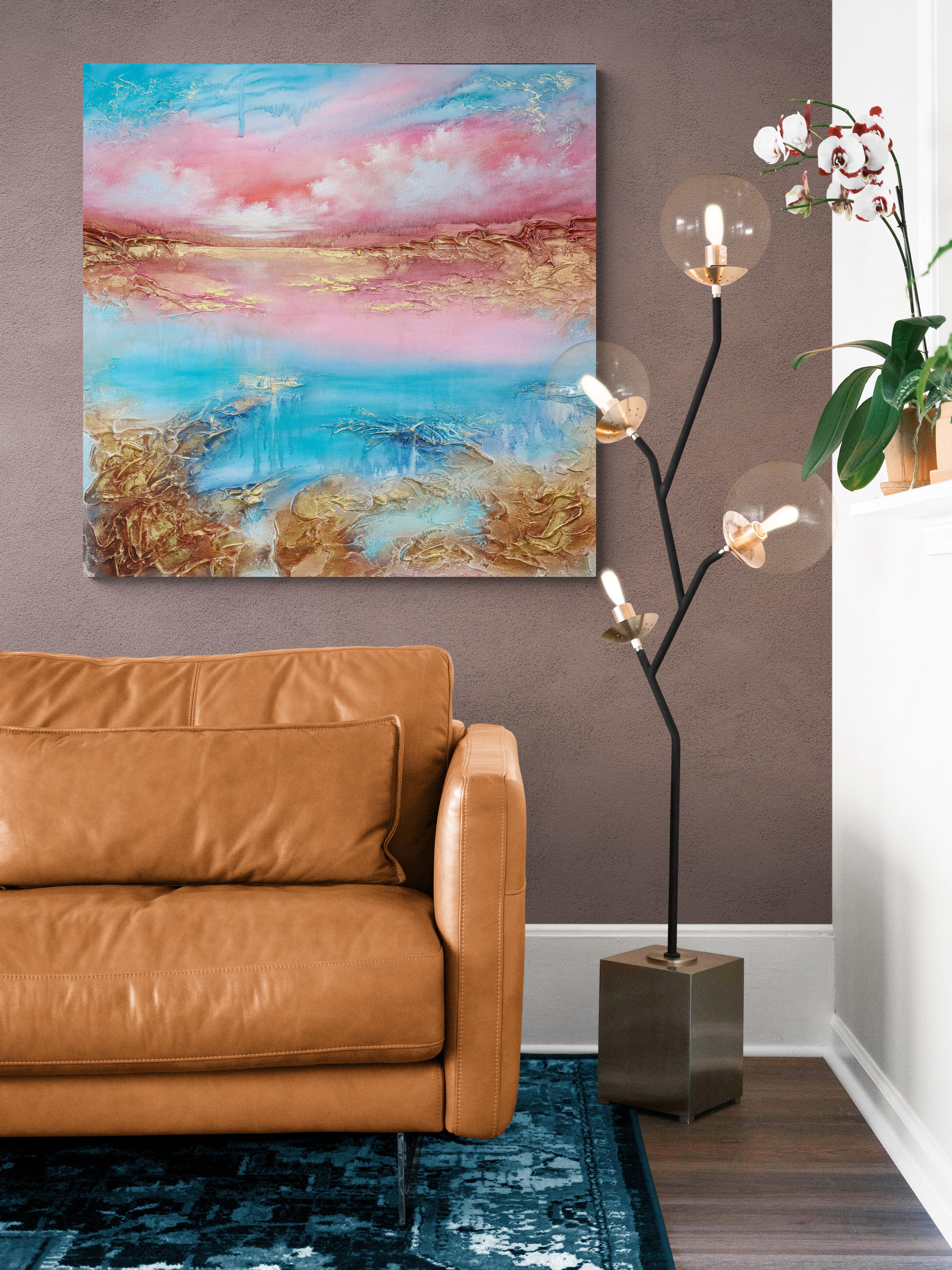 A large semi-abstract beautiful structured mixed media painting with painted edges, so it can be hung immediately without framing.

This painting has a lot of structures and layers. Acrylic mixed media. The structure aspect and metallic colors come