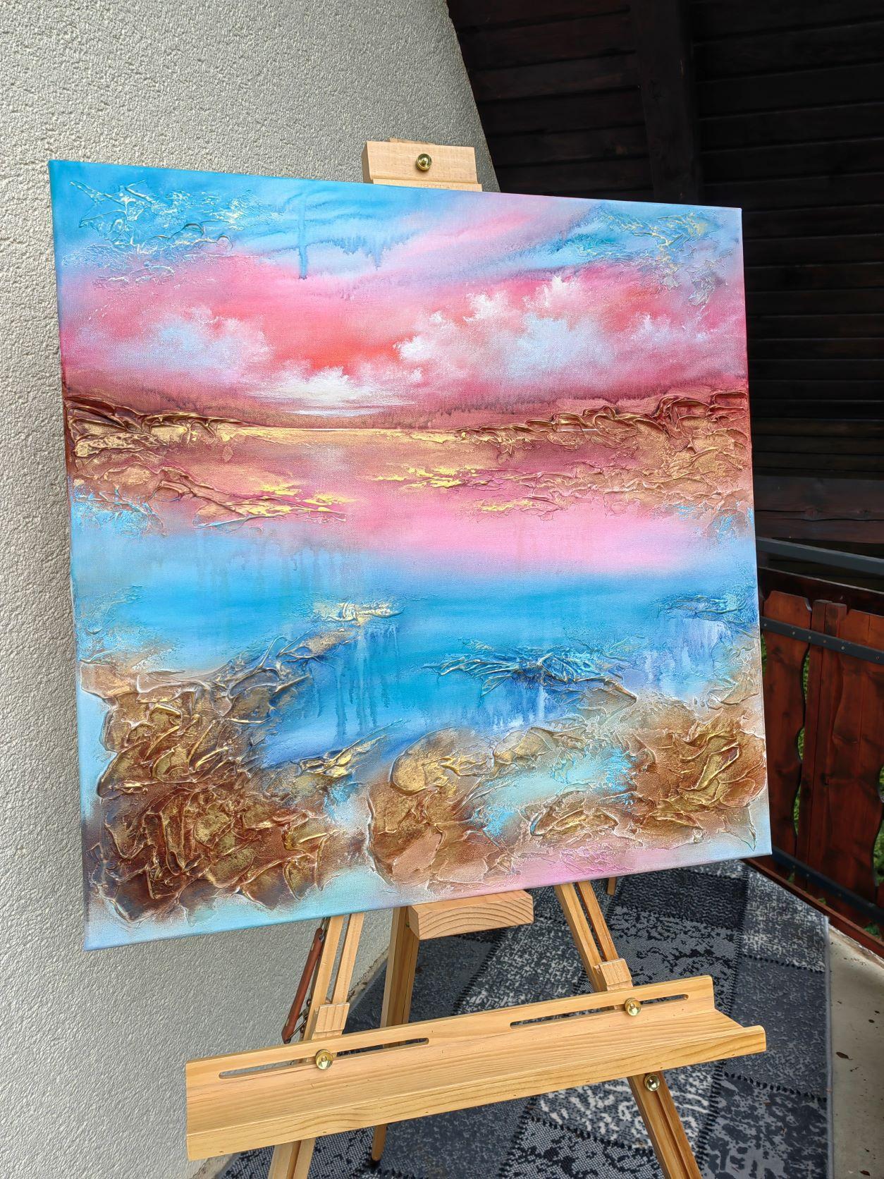 Un grande quadro a tecnica mista semi-astratto e bello da vedere, con i bordi dipinti, che può essere appeso immediatamente senza essere incorniciato.

Questo dipinto presenta molte strutture e stratificazioni. Tecnica mista acrilica. L'aspetto