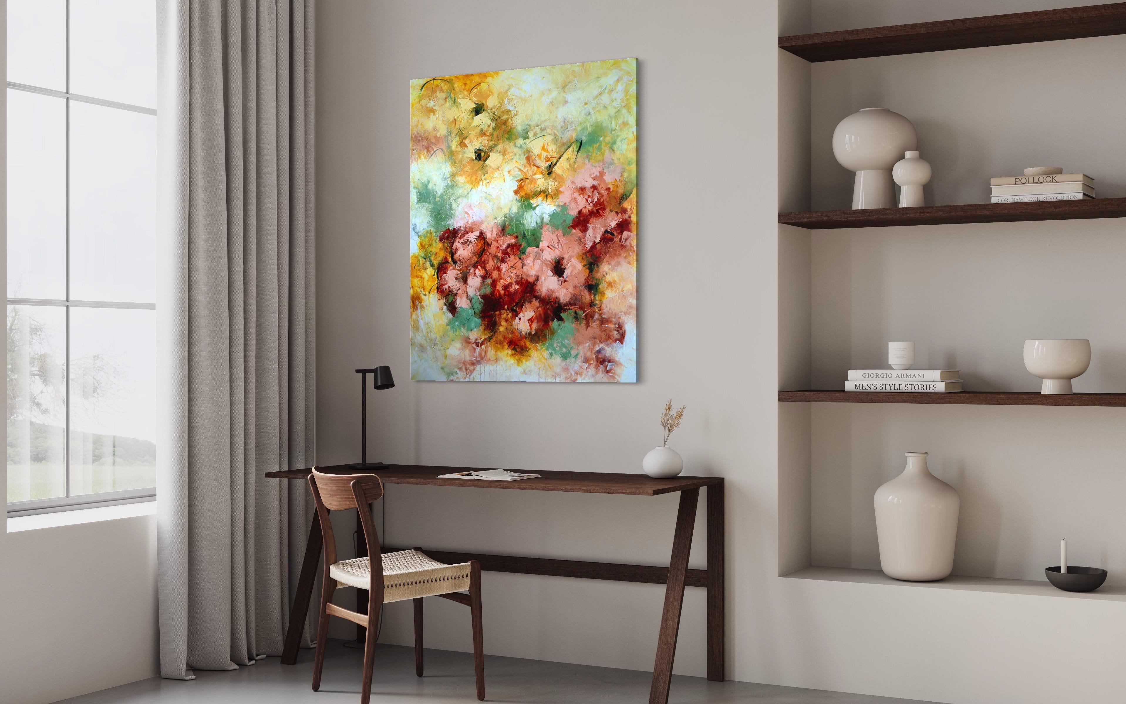 Très grand tableau floral contemporain texturé 