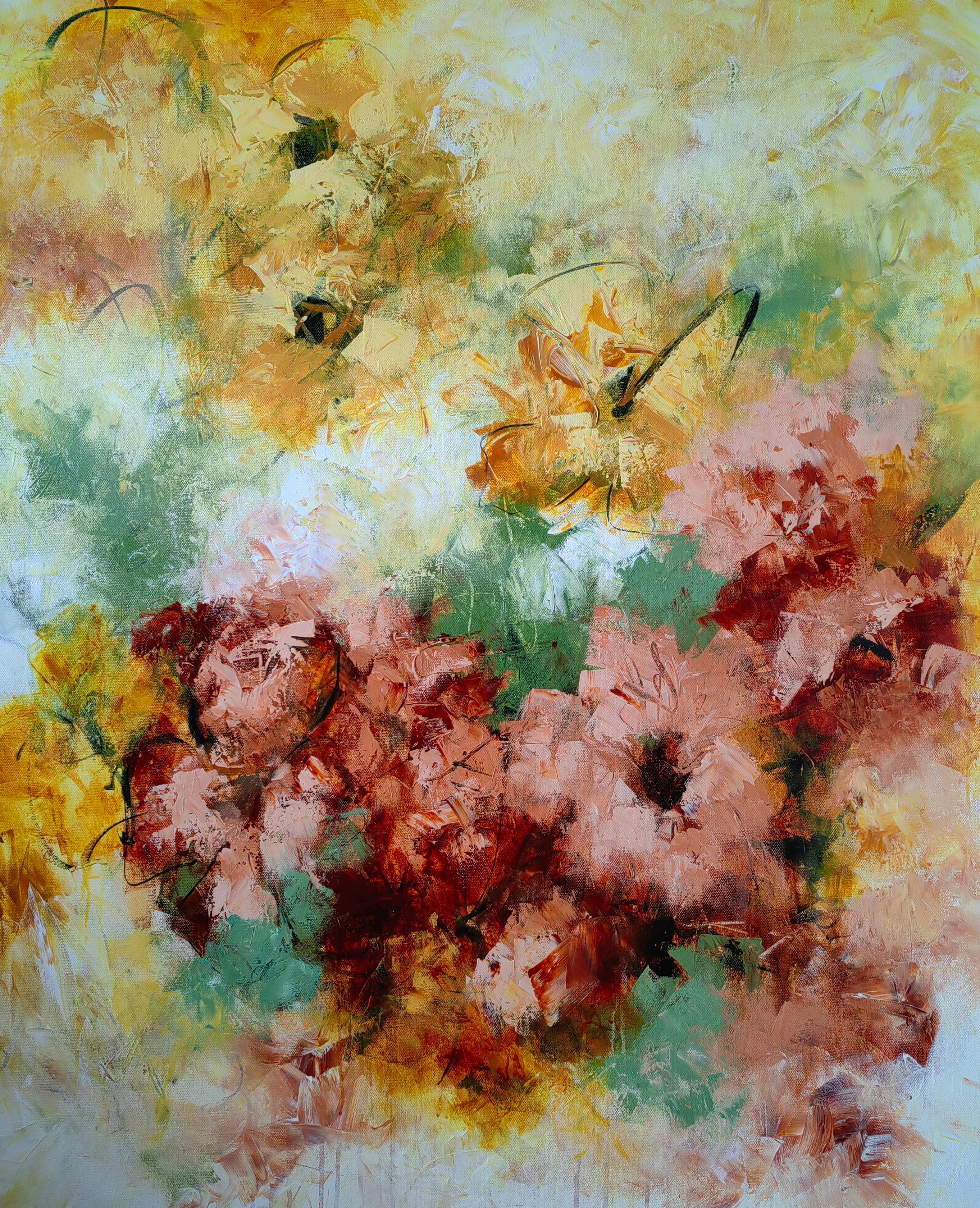 Abstract Painting Vera Hoi - Très grand tableau floral contemporain texturé "Enchanted Blooms", XXL