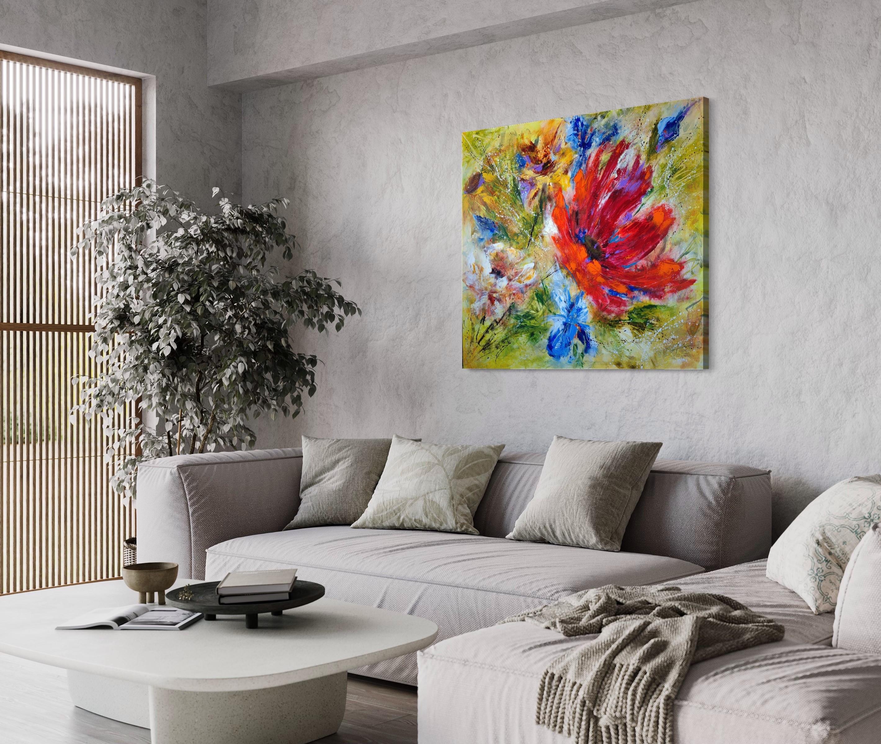 Très grand tableau floral contemporain texturé 