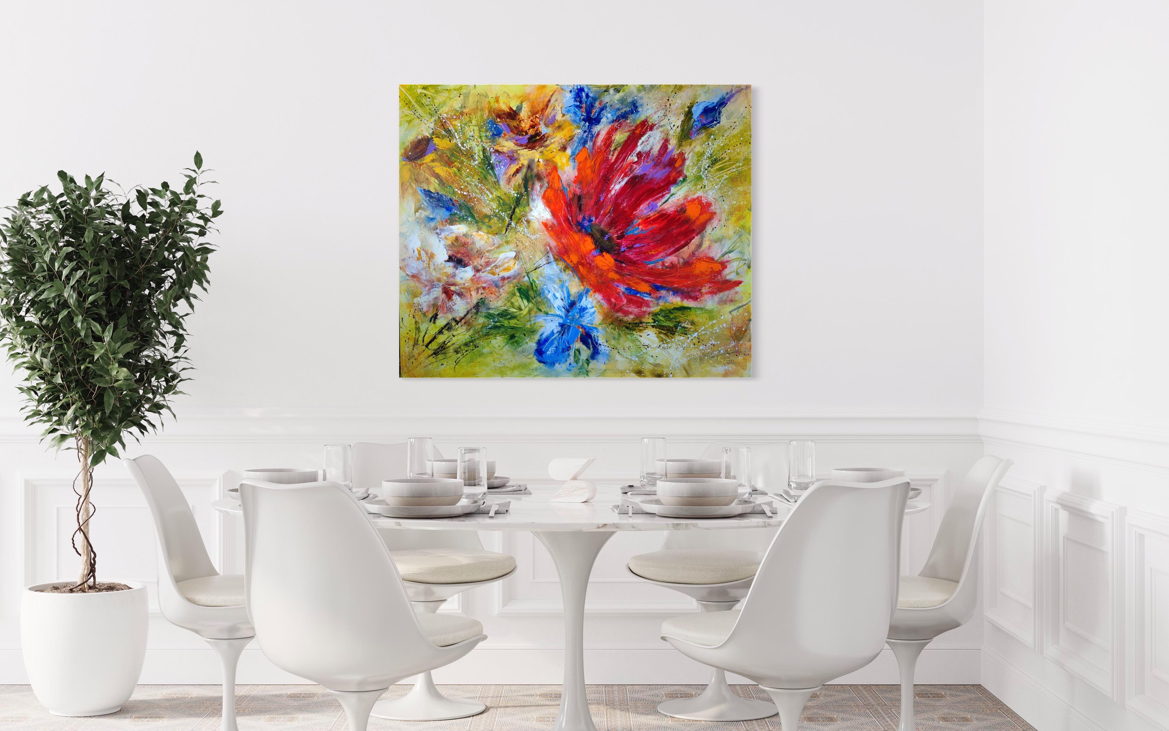 Très grand tableau floral contemporain texturé 