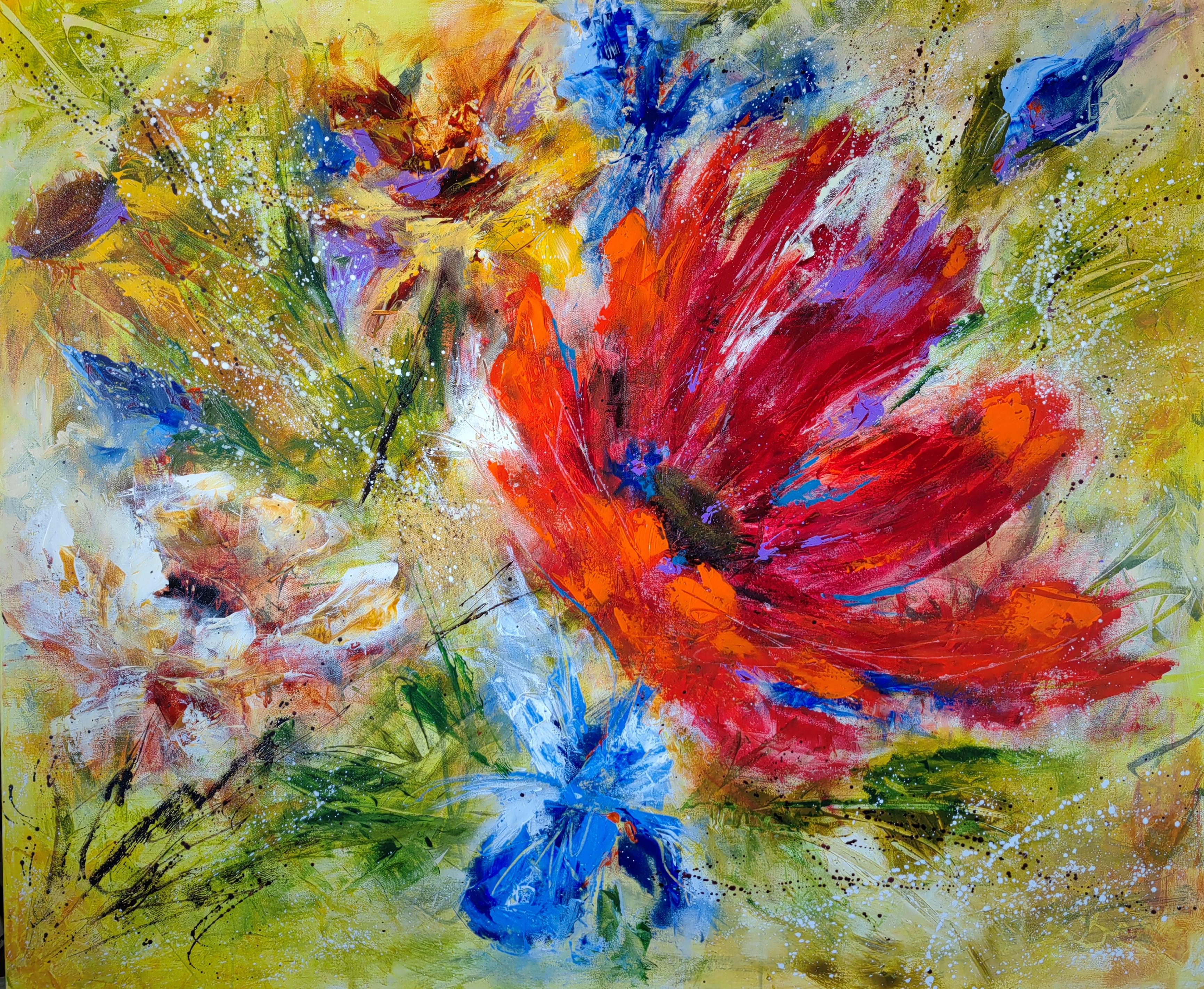 Abstract Painting Vera Hoi - Très grand tableau floral contemporain texturé "Dans mon jardin", XXL
