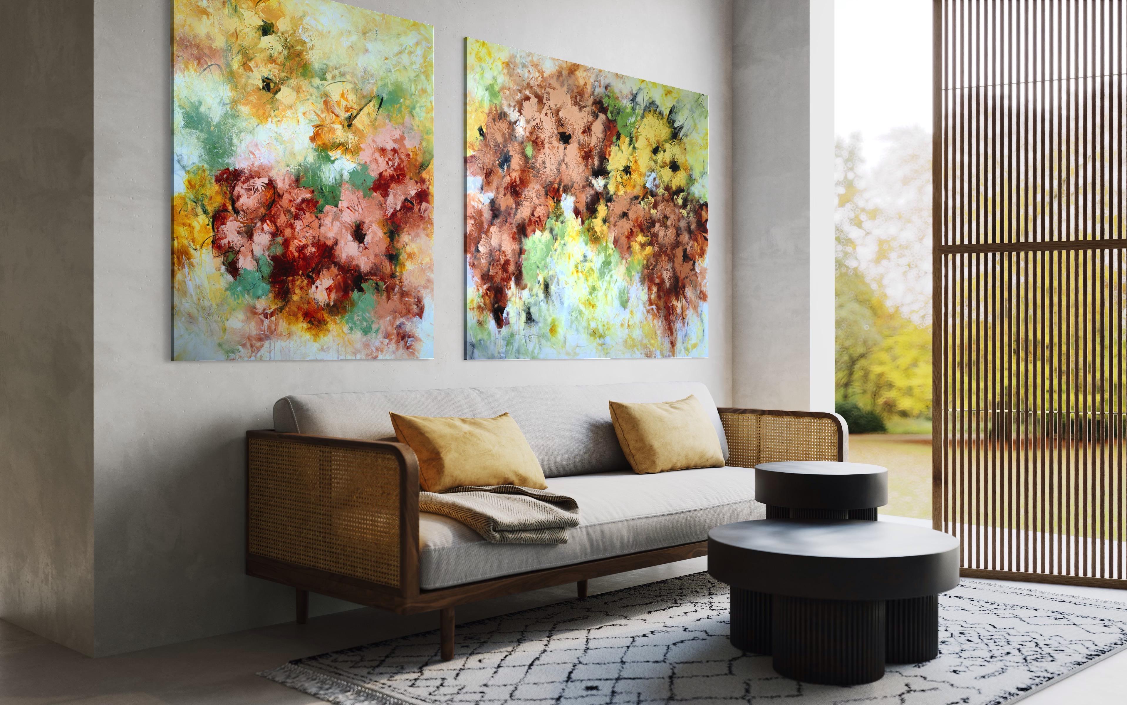 Vera Hoi Abstract Painting - Extra large textured floral painting "Enchanted Blooms III", XXL Diptych