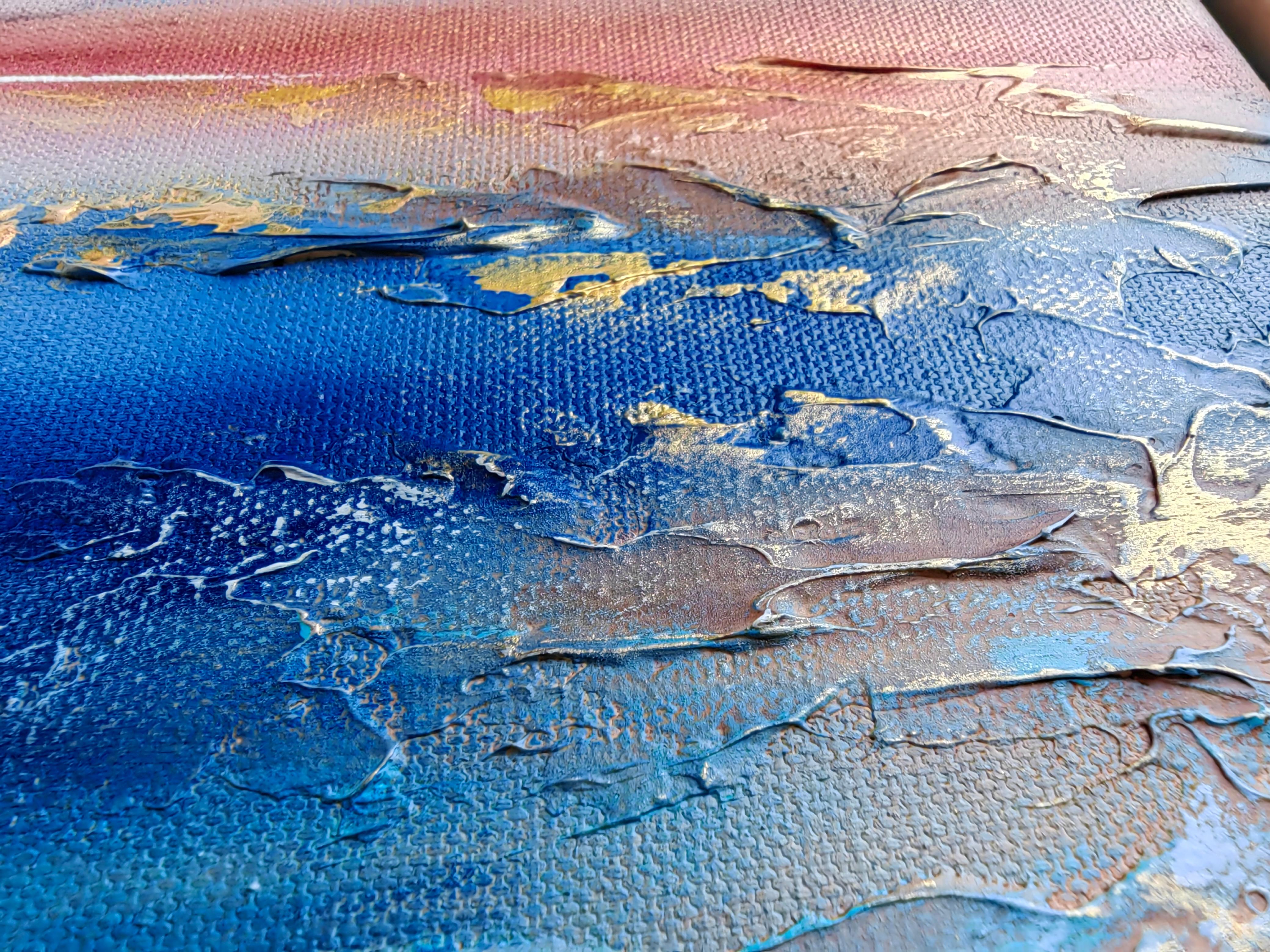Dies ist ein kleines, schön strukturiertes Mixed-Media-Gemälde. Das Gemälde ist in einem natürlichen Holzrahmen gerahmt (gerahmte Größe 34x34.3,5)

Die Natur ist für mich die größte Inspirationsquelle. Ich versuche, die tief spirituelle Atmosphäre
