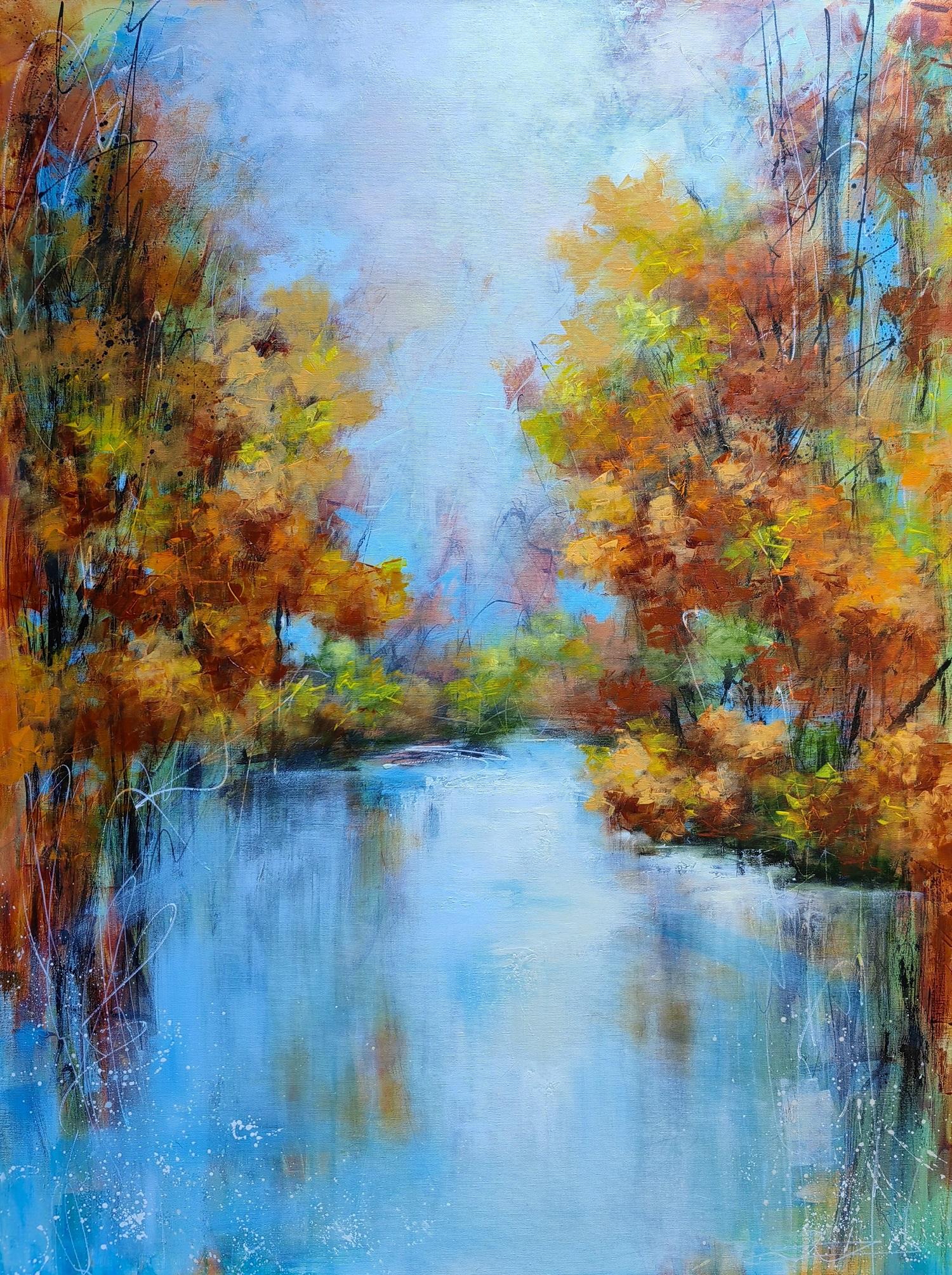 Vera Hoi Abstract Painting - "LAKE SERENITY IN FALL HUES", Contemporary impressionistic painting, extra large