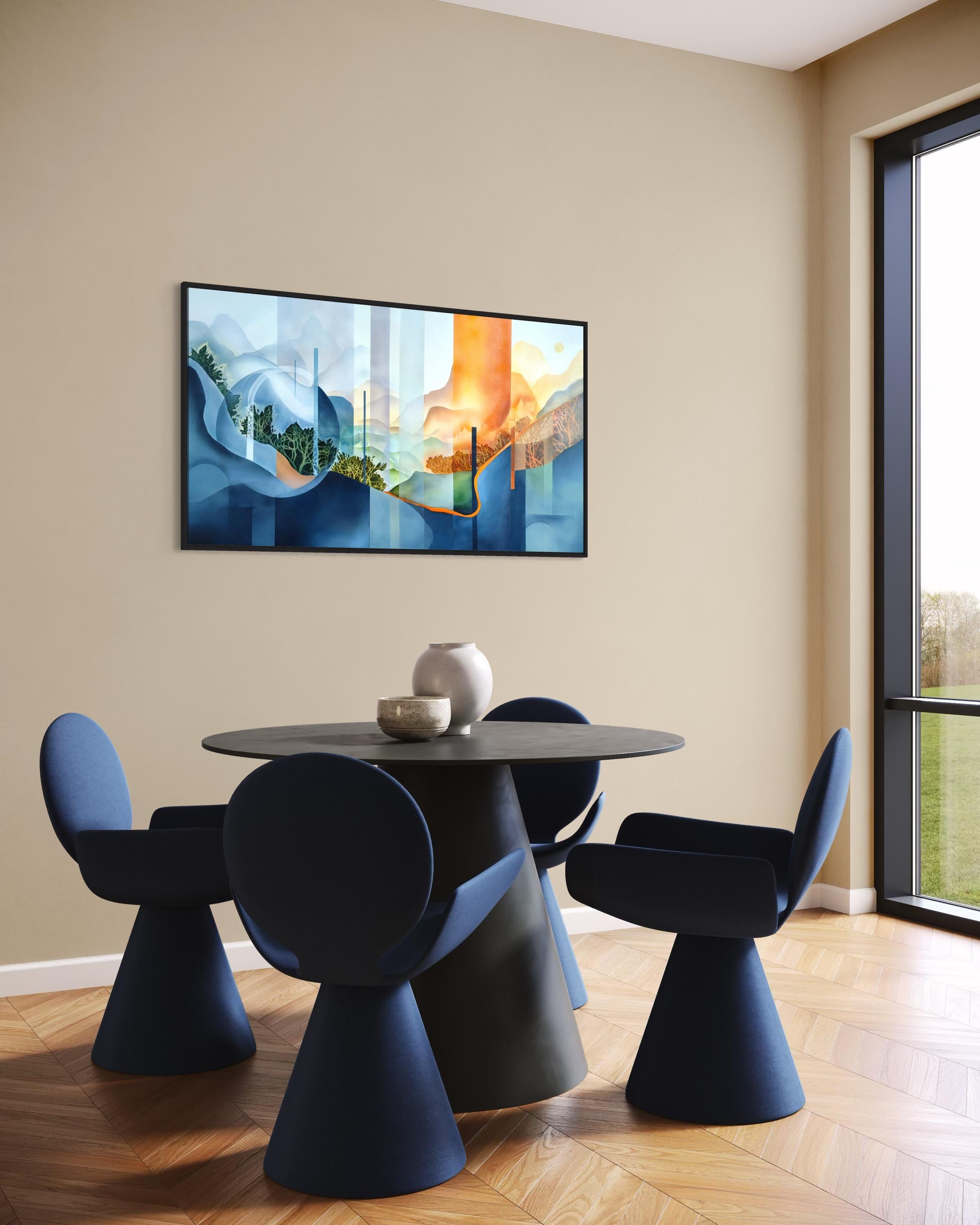 “The Thread Between Worlds” reflects an inner journey across shifting emotional landscapes. The fine orange line weaves through fragmented spaces like a lifeline—connecting memory, presence, and transformation. As in much of my Shadow Migration