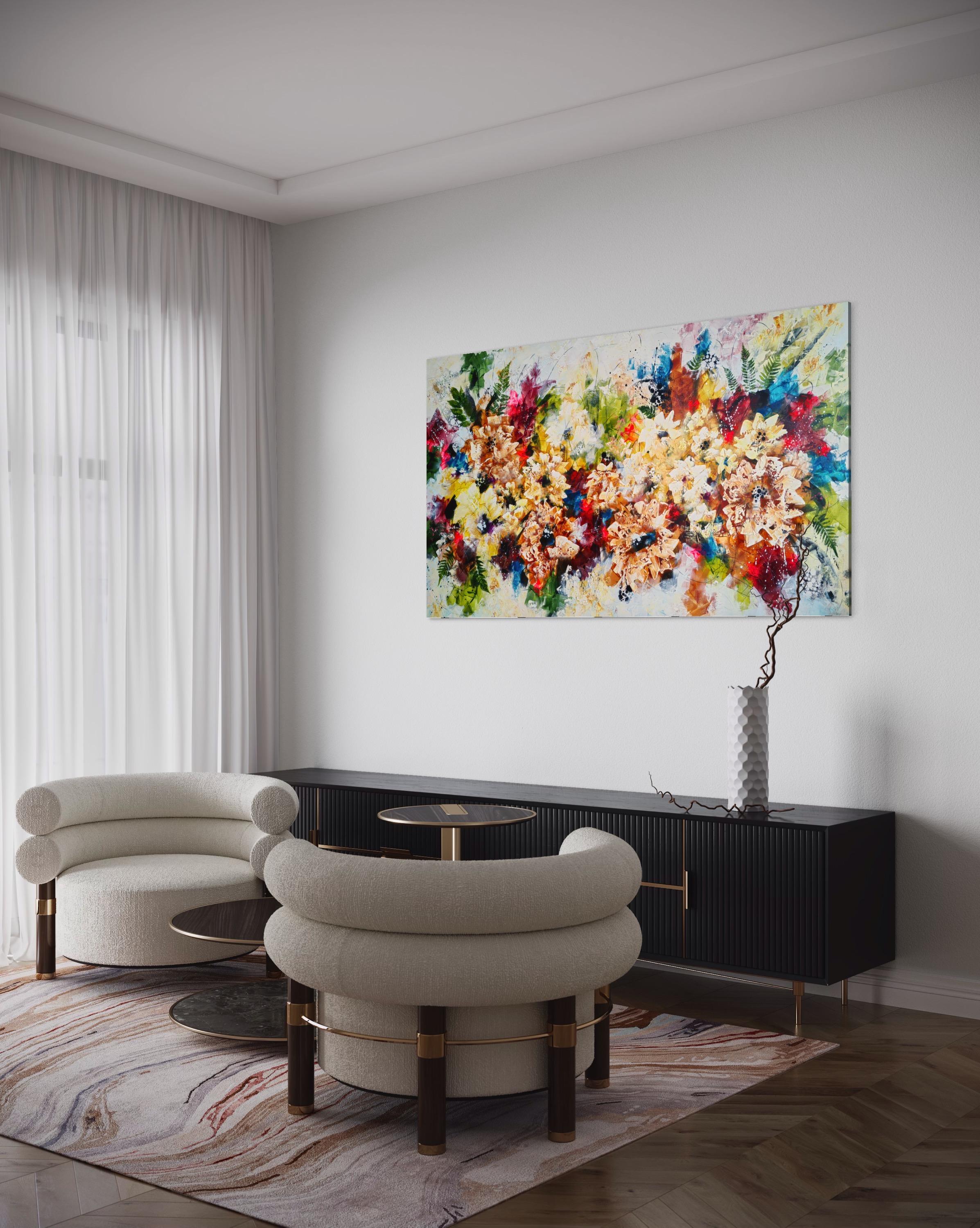 This extra-large, colourful abstract floral painting is a radiant ode to the enchanting moments that fill our hearts with delight. Immerse yourself in a vibrant tapestry of colours that dance and weave across an expansive canvas, capturing the very