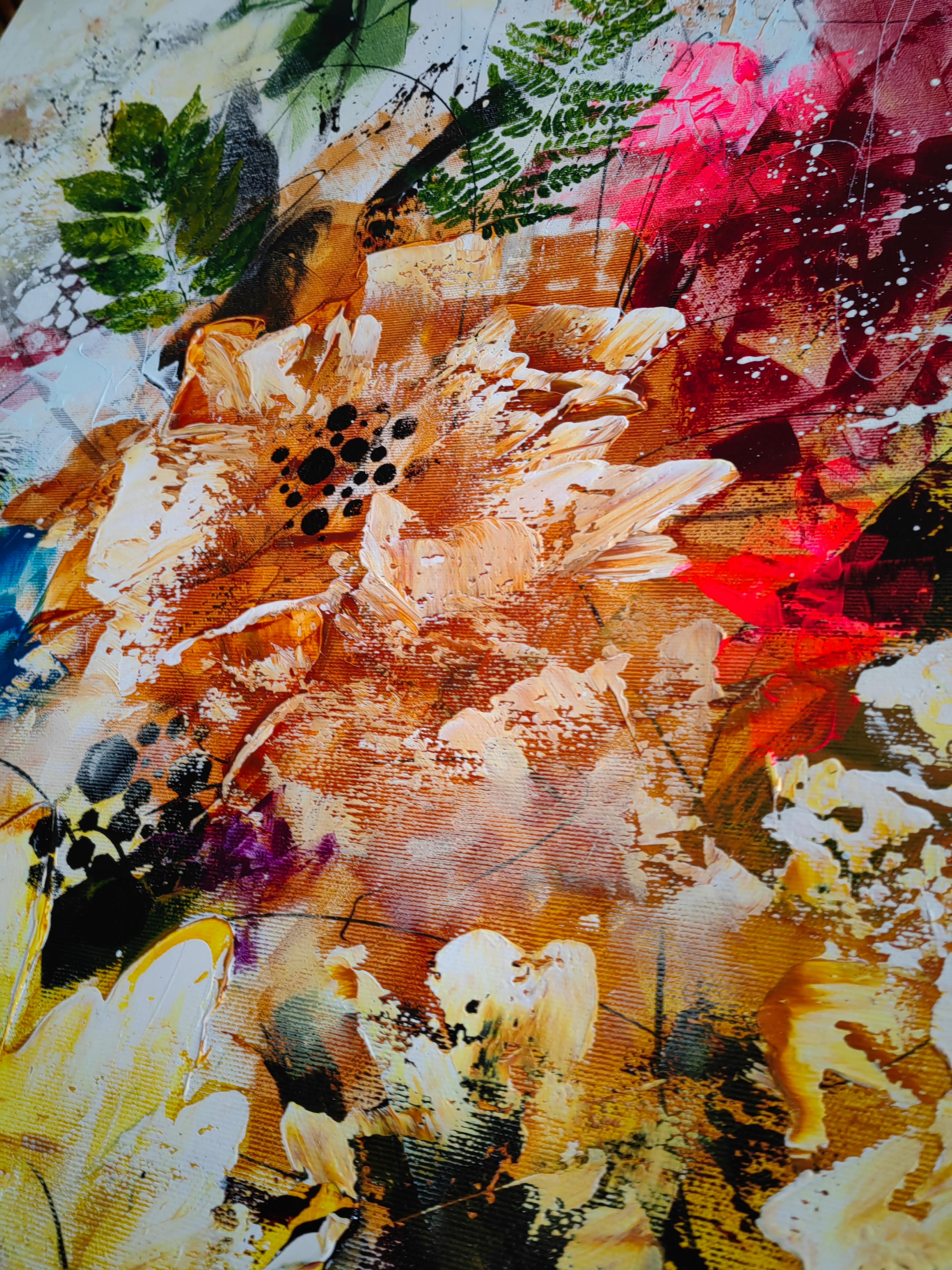 Questo quadro floreale astratto extra-large e colorato è un'ode radiosa ai momenti incantevoli che riempiono il nostro cuore di gioia. Immergiti in un vibrante arazzo di colori che danzano e si intrecciano su un'ampia tela, catturando l'essenza