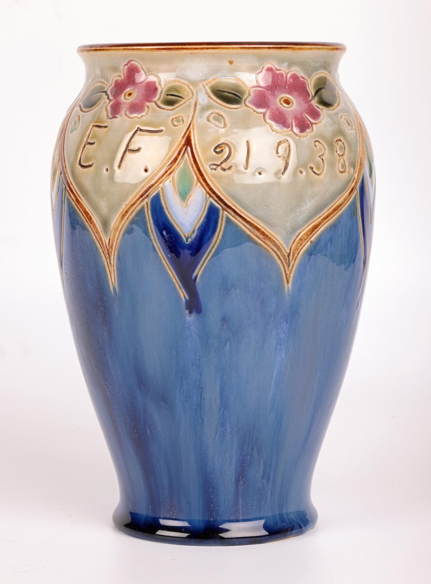 Hand-Painted Vera Huggins Doulton Lambeth Floral Presentation Vase Dated 1938 For Sale