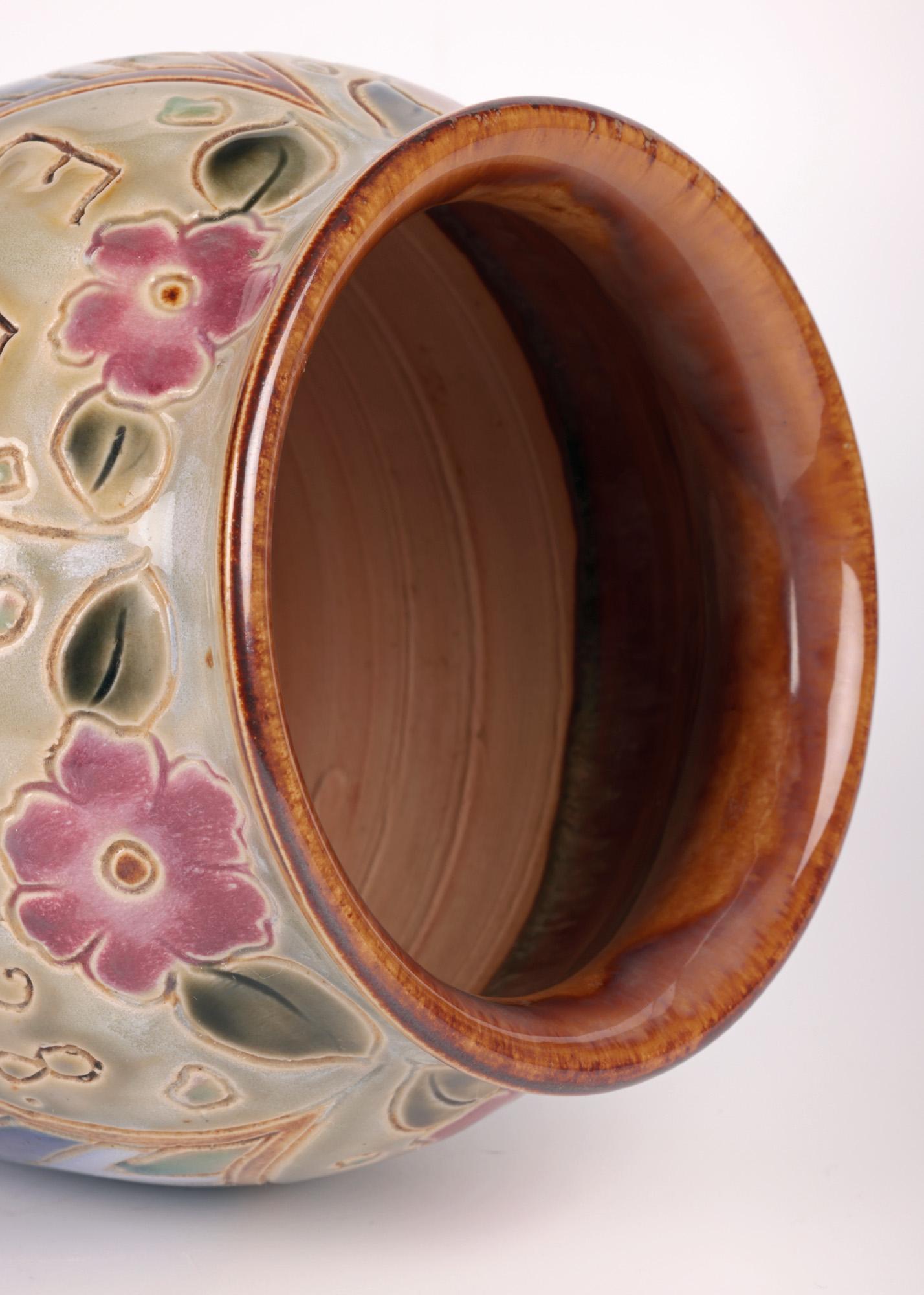 Stoneware Vera Huggins Doulton Lambeth Floral Presentation Vase Dated 1938 For Sale