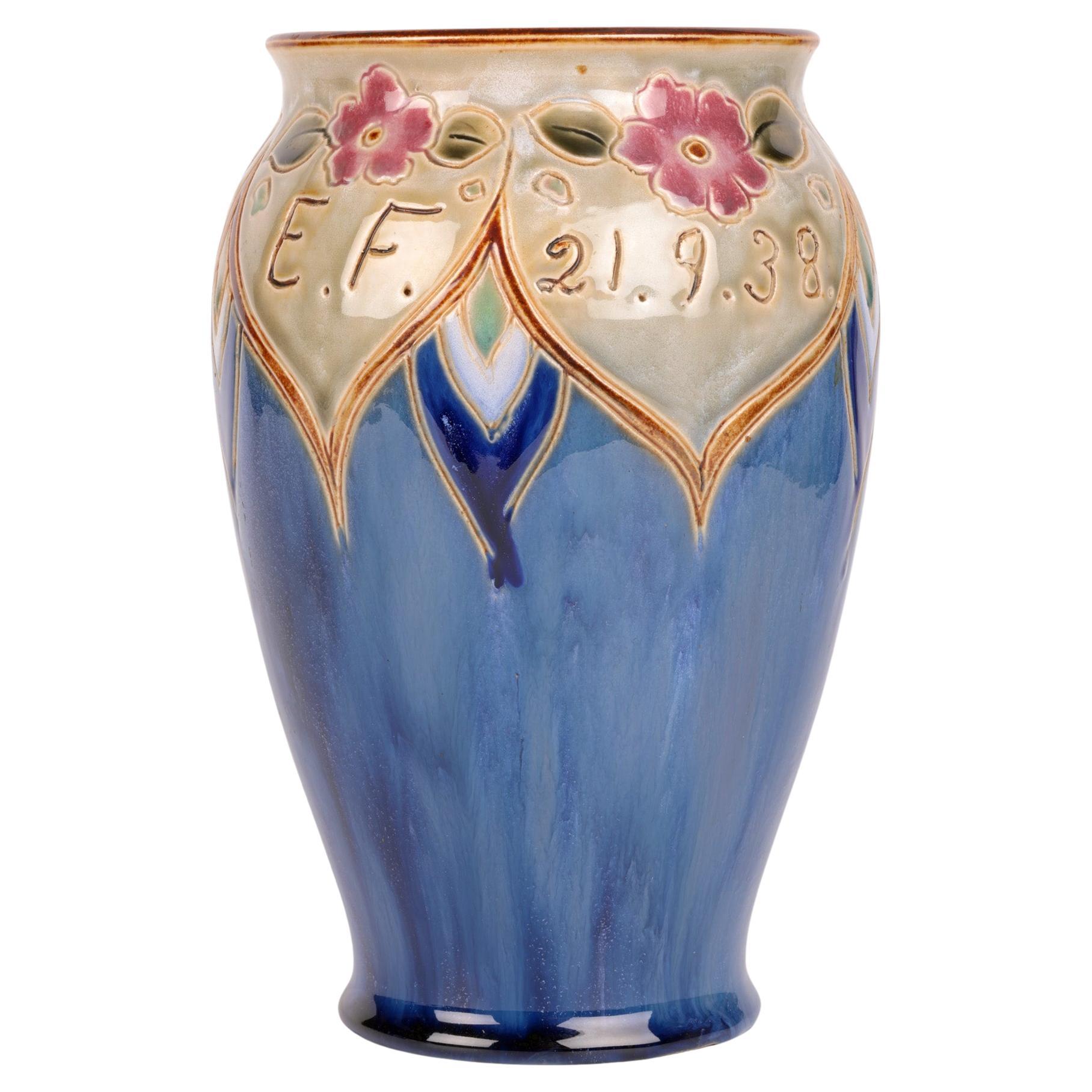 Vera Huggins Doulton Lambeth Floral Presentation Vase Dated 1938 For Sale