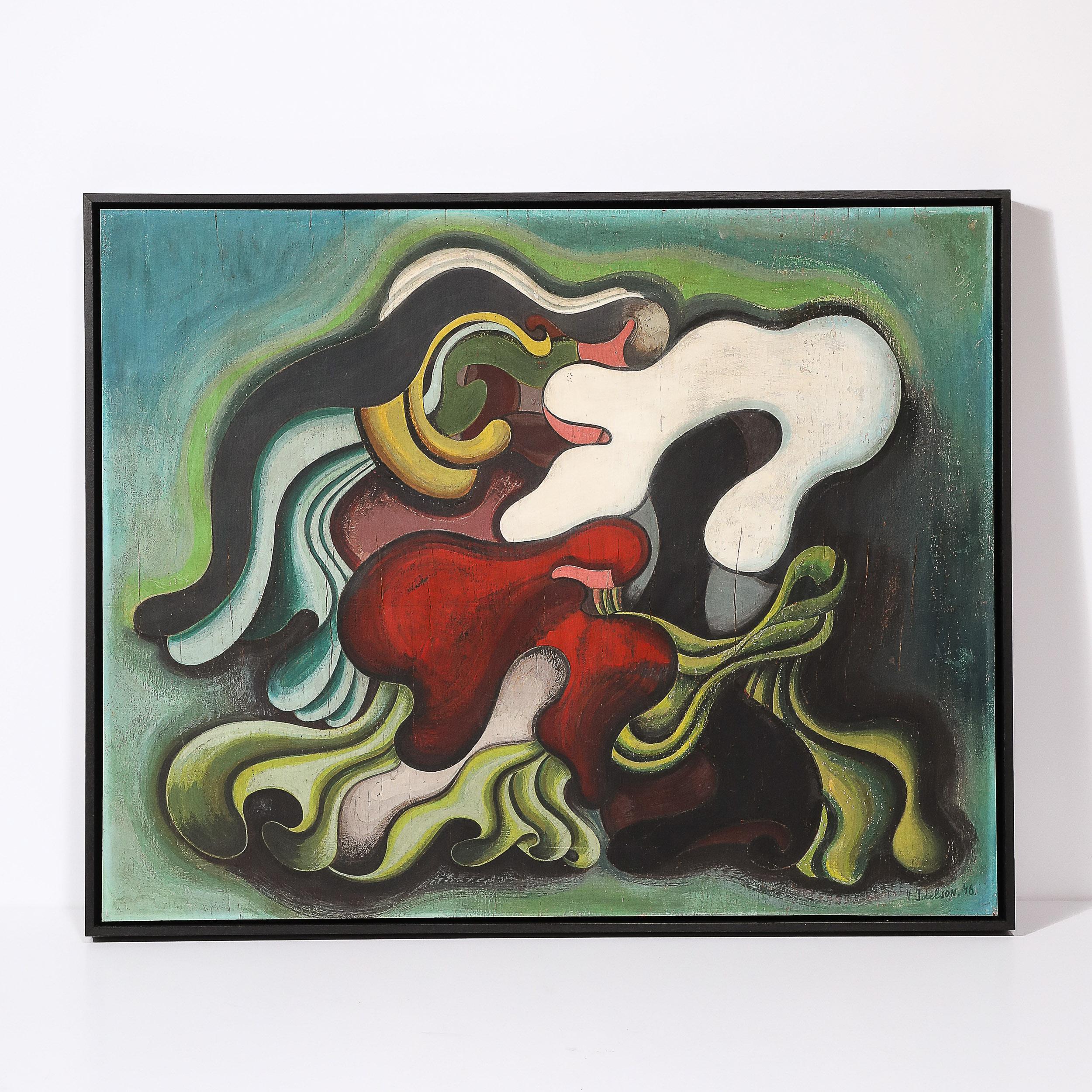 This strikingly etherial Mid-Century Modernist Vera Idelson 'Composition Biomorphique' Tempera on masonite  Painting originates from Israel, created in 1946. A unique and gorgeous piece, the painting consists of a amorphous form in the center of the