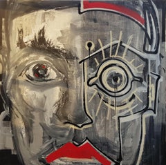 Rote Lippen - 21. Jahrhundert, Grau, Rot, Figurative Malerei, Acryl, Contemporary