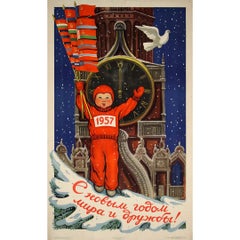 1956 original soviet poster - Happy New Year of peace and friendship!