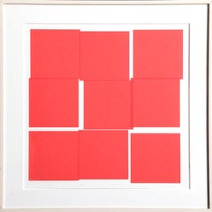 9 Carrés Rouges, Linogravure abstraite géométrique de Vera Molnar