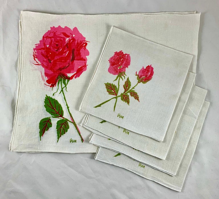 Vera Neumann 1950s Mid-Century Modern 8 Piece Rose Placemat & Napkin Set for 4  In Good Condition For Sale In Philadelphia, PA