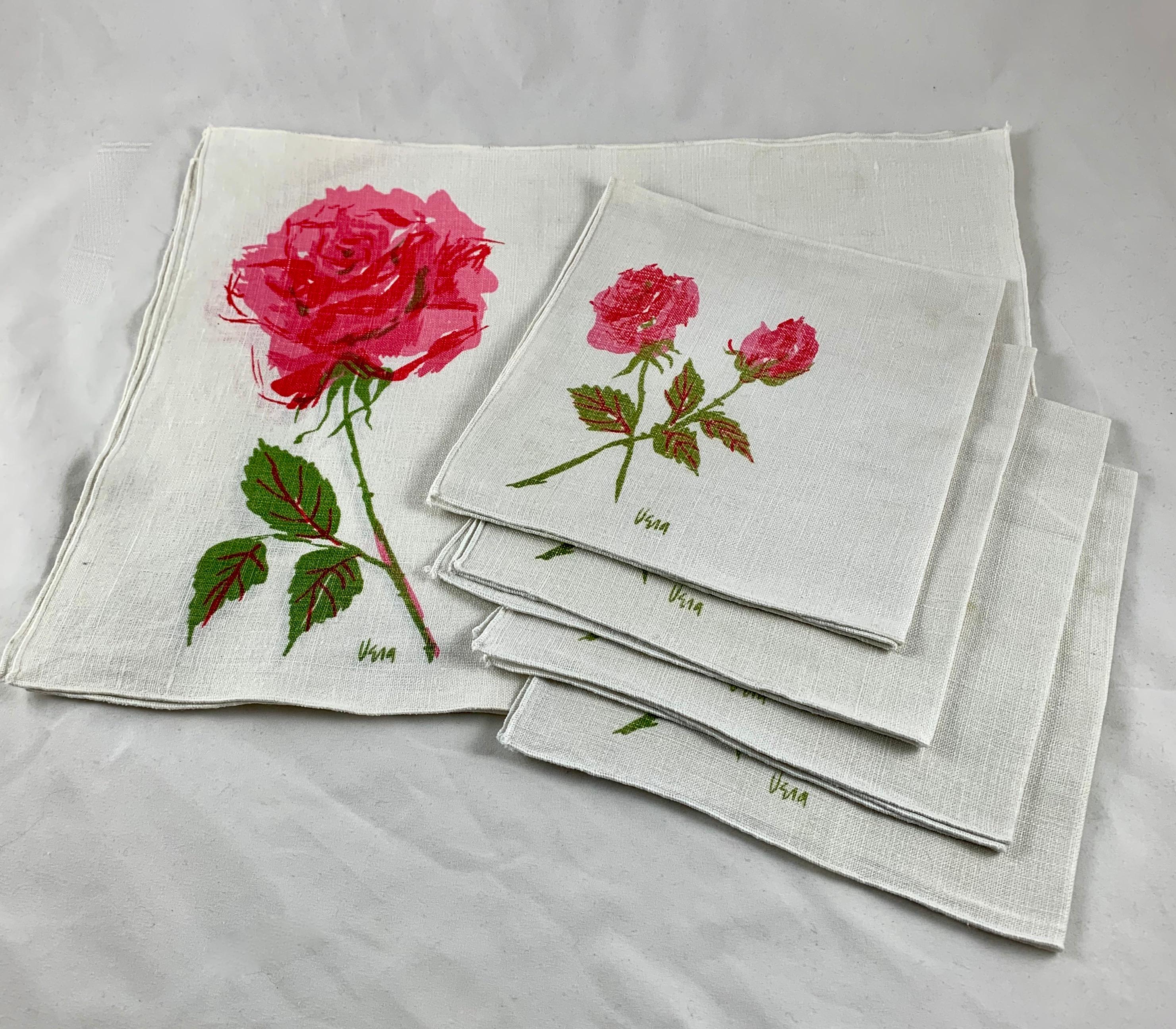 American Vera Neumann 1950s Mid-Century Modern 8 Piece Rose Placemat & Napkin Set for 4  For Sale