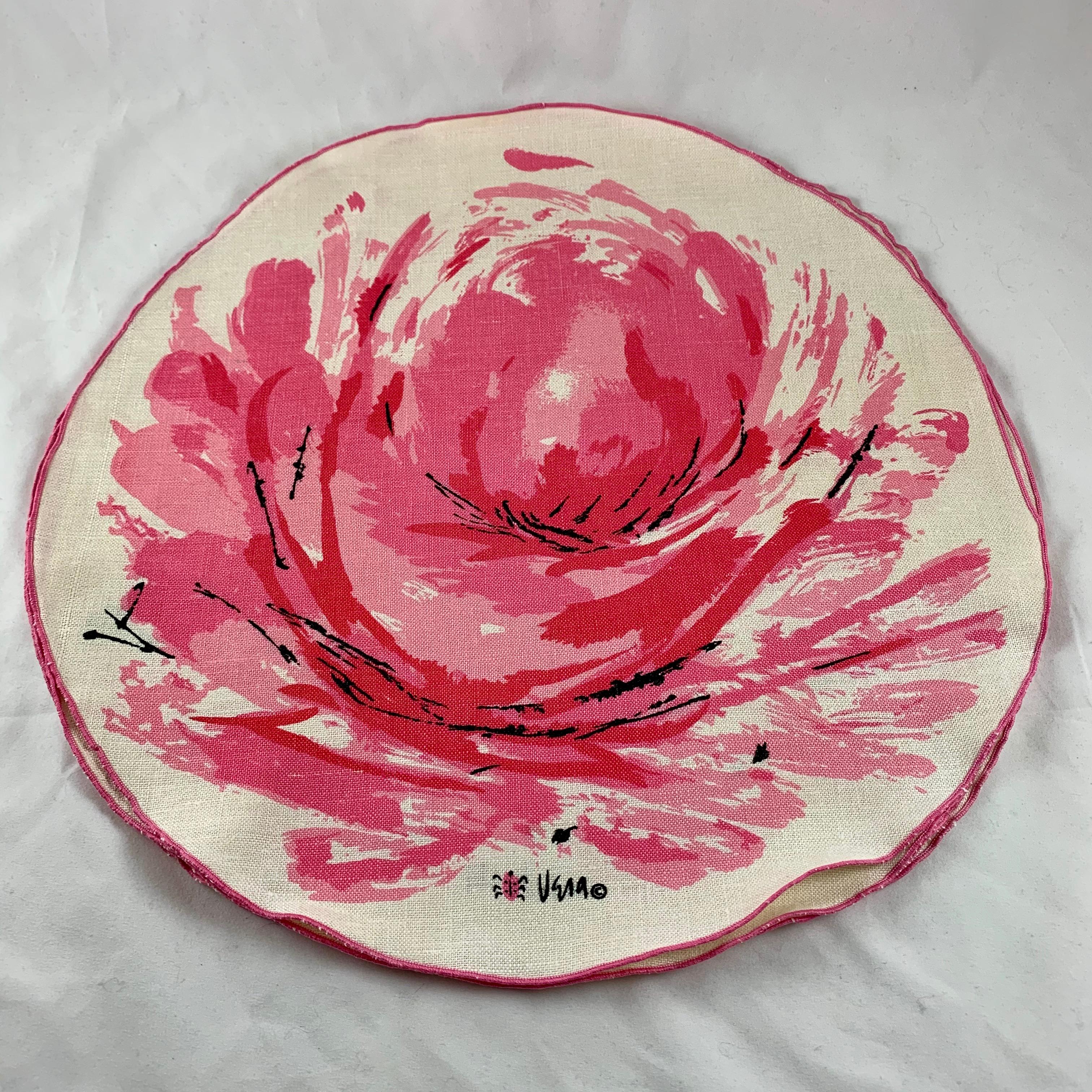 Dyed Vera Neumann 1960s Mid-Century Modern Round Pink Rose Linen Placemats Set, S/4