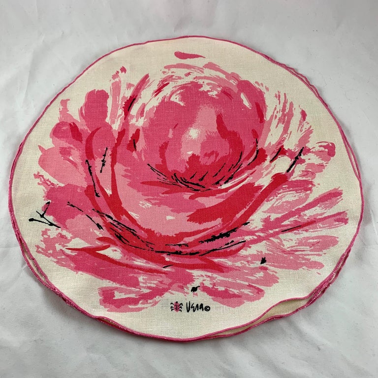 20th Century Vera Neumann 1960s Mid-Century Modern Round Pink Rose Linen Placemats Set, S/4 For Sale