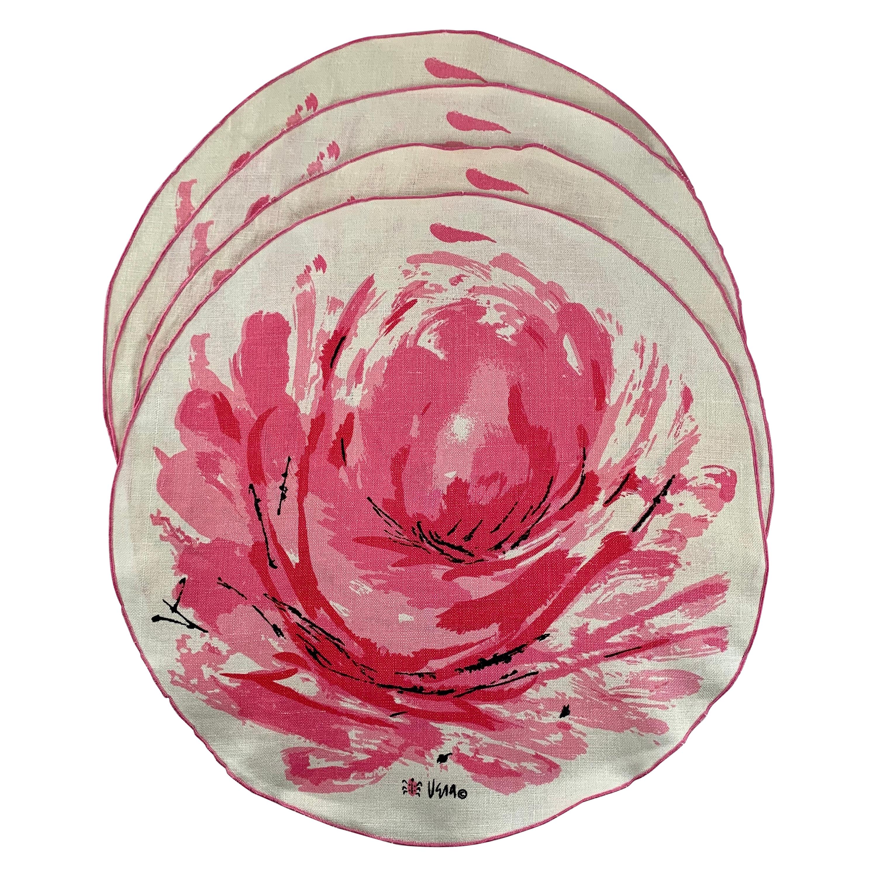 Vera Neumann 1960s Mid-Century Modern Round Pink Rose Linen Placemats Set, S/4