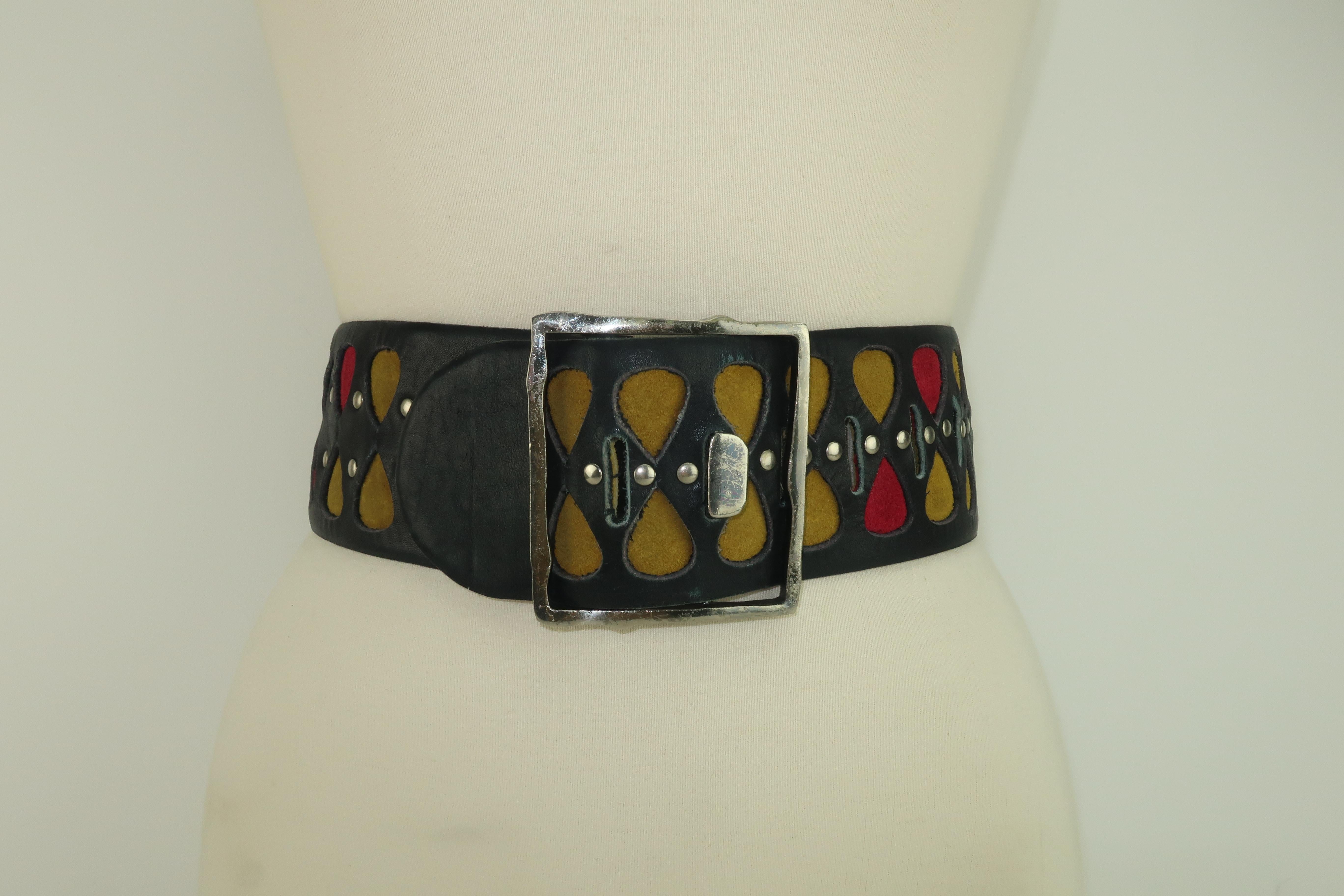 Vera Neumann Black Leather Studded Wide Belt, 1960's 7
