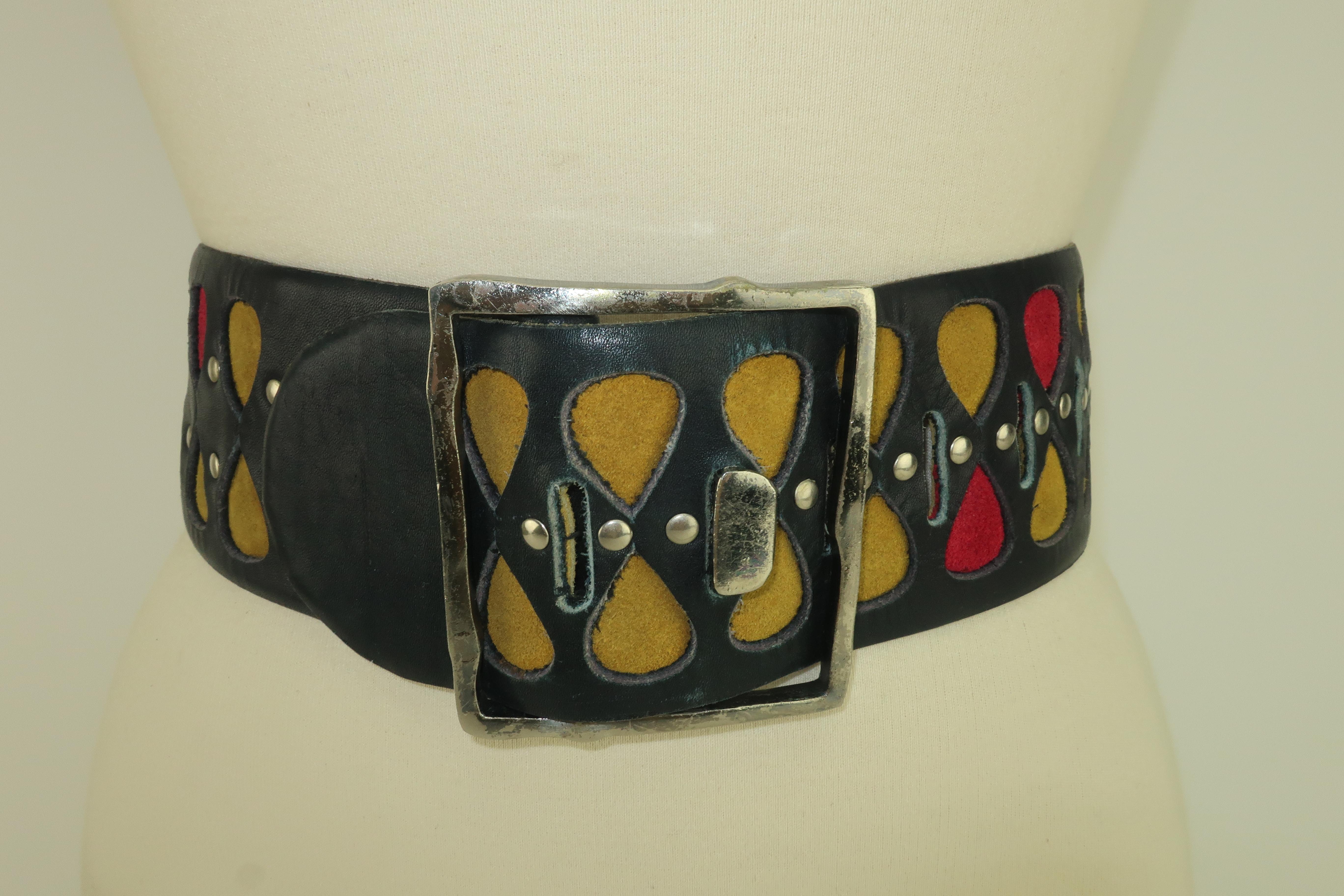 Vera Neumann Black Leather Studded Wide Belt, 1960's 8