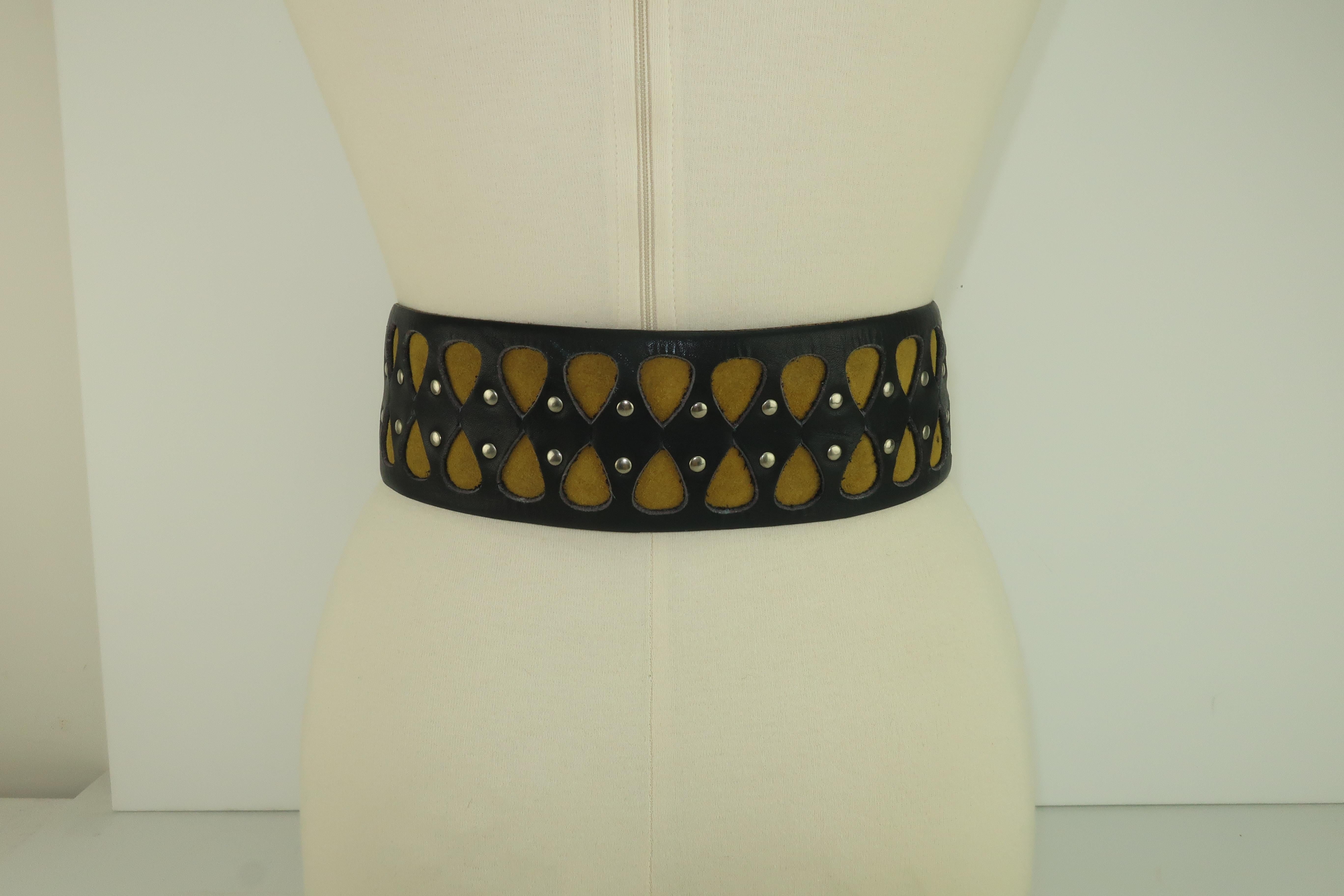 Vera Neumann Black Leather Studded Wide Belt, 1960's 10