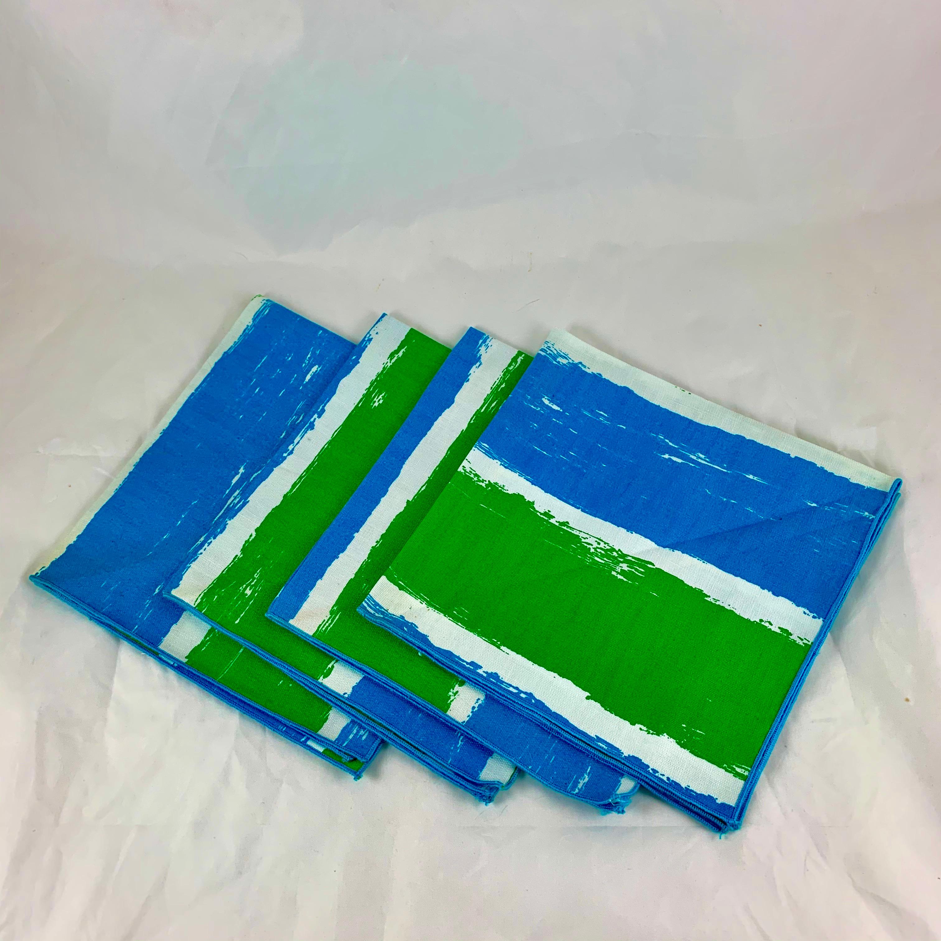 Dyed Vera Neumann Mid-Century Modern Era Blue & Green Placemat & Napkin S/4, Tagged For Sale