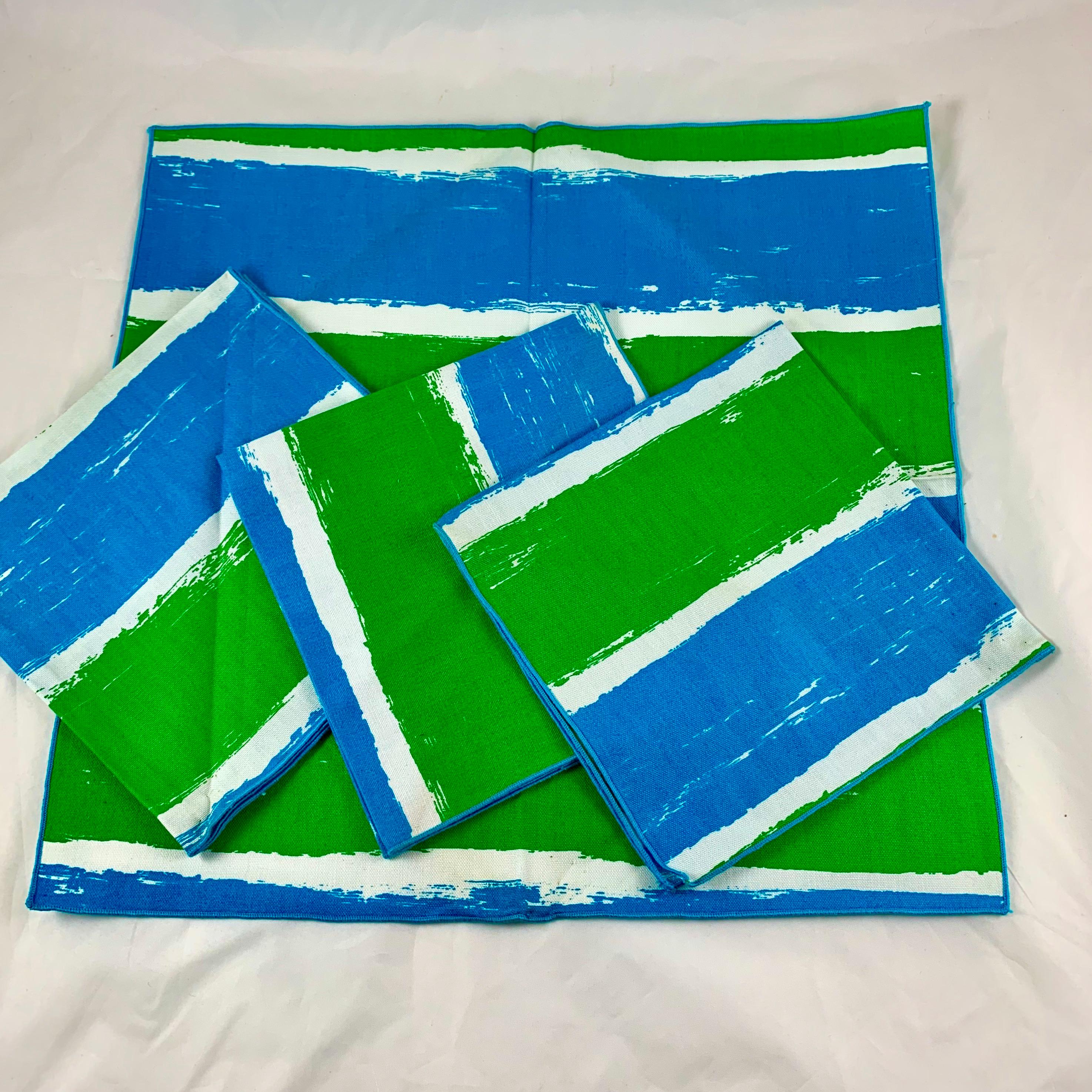 Vera Neumann Mid-Century Modern Era Blue & Green Placemat & Napkin S/4, Tagged In Excellent Condition For Sale In Philadelphia, PA