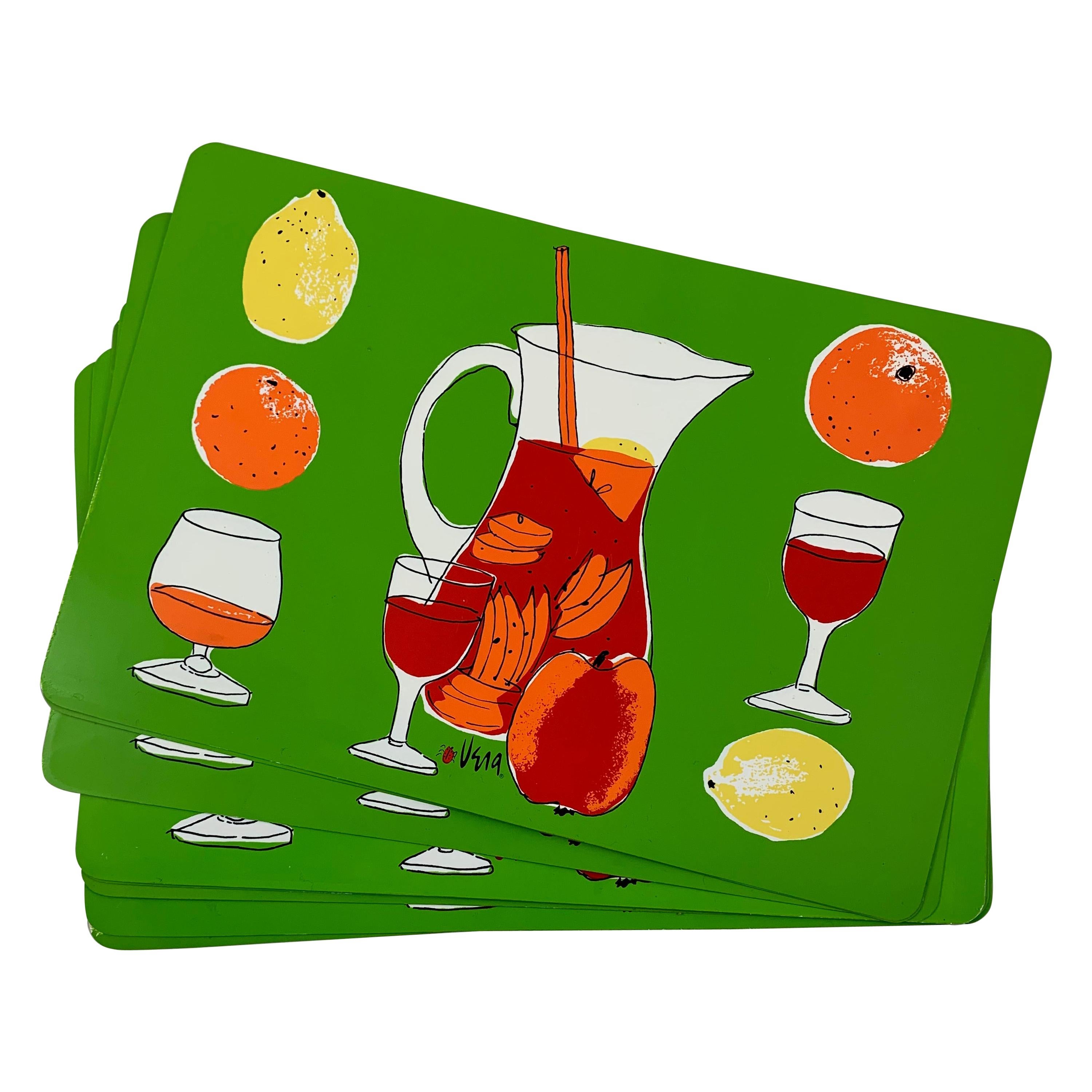 Vera Neumann Sangria Pitcher, Glasses & Citrus Fruit Plastic Placemats, Set of 8