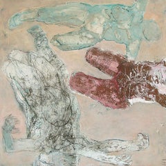 Contemporary Mixed Media Painting of Figures, People in Green and Red on Brown 