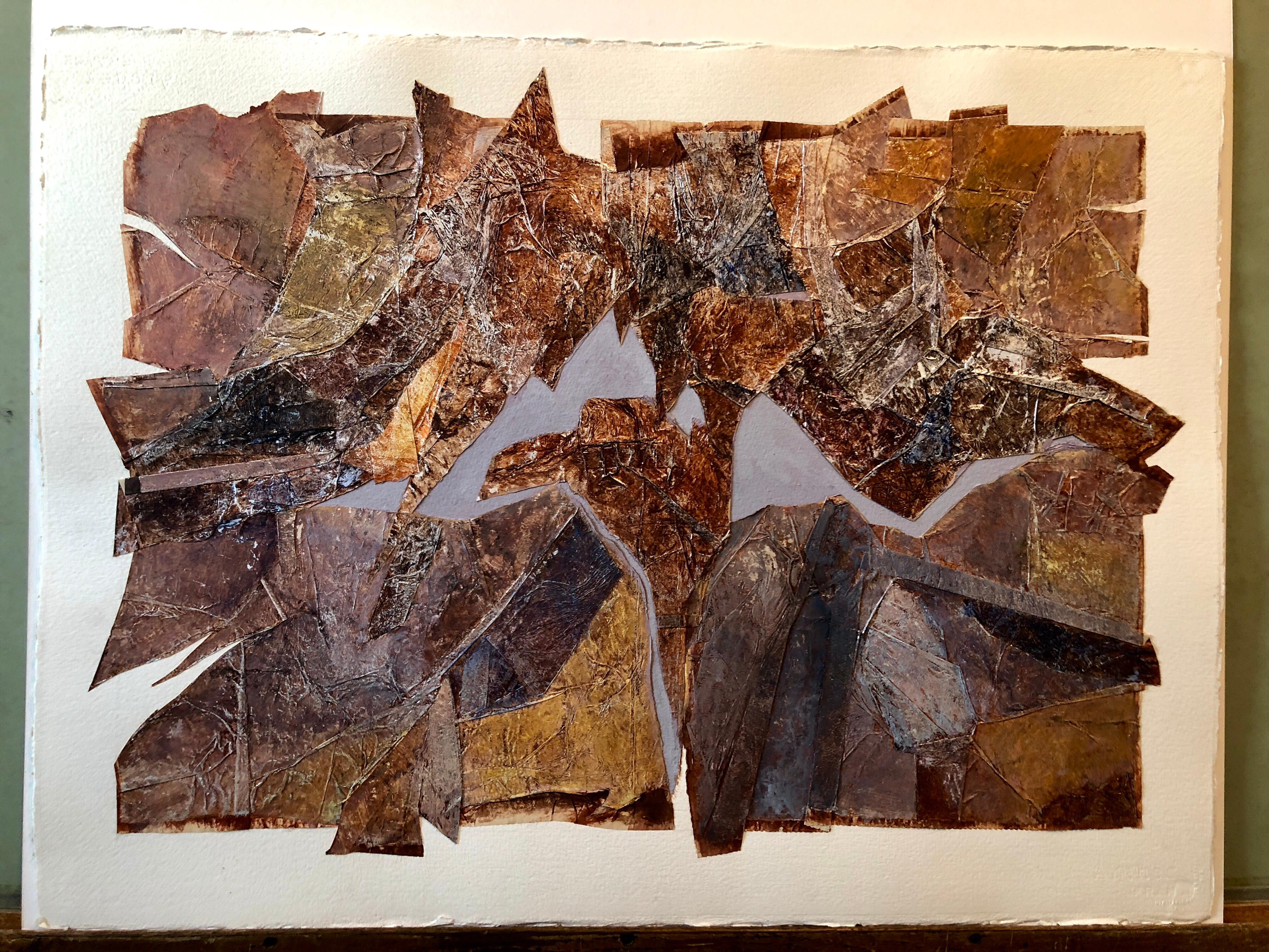 This is an Abstract Expressionist torn  and folded paper painted collage. The paper is metallised through some process.  they are very luminous and beautiful. it is mounted on heavy French Arches paper. This is not signed and dated but is from the