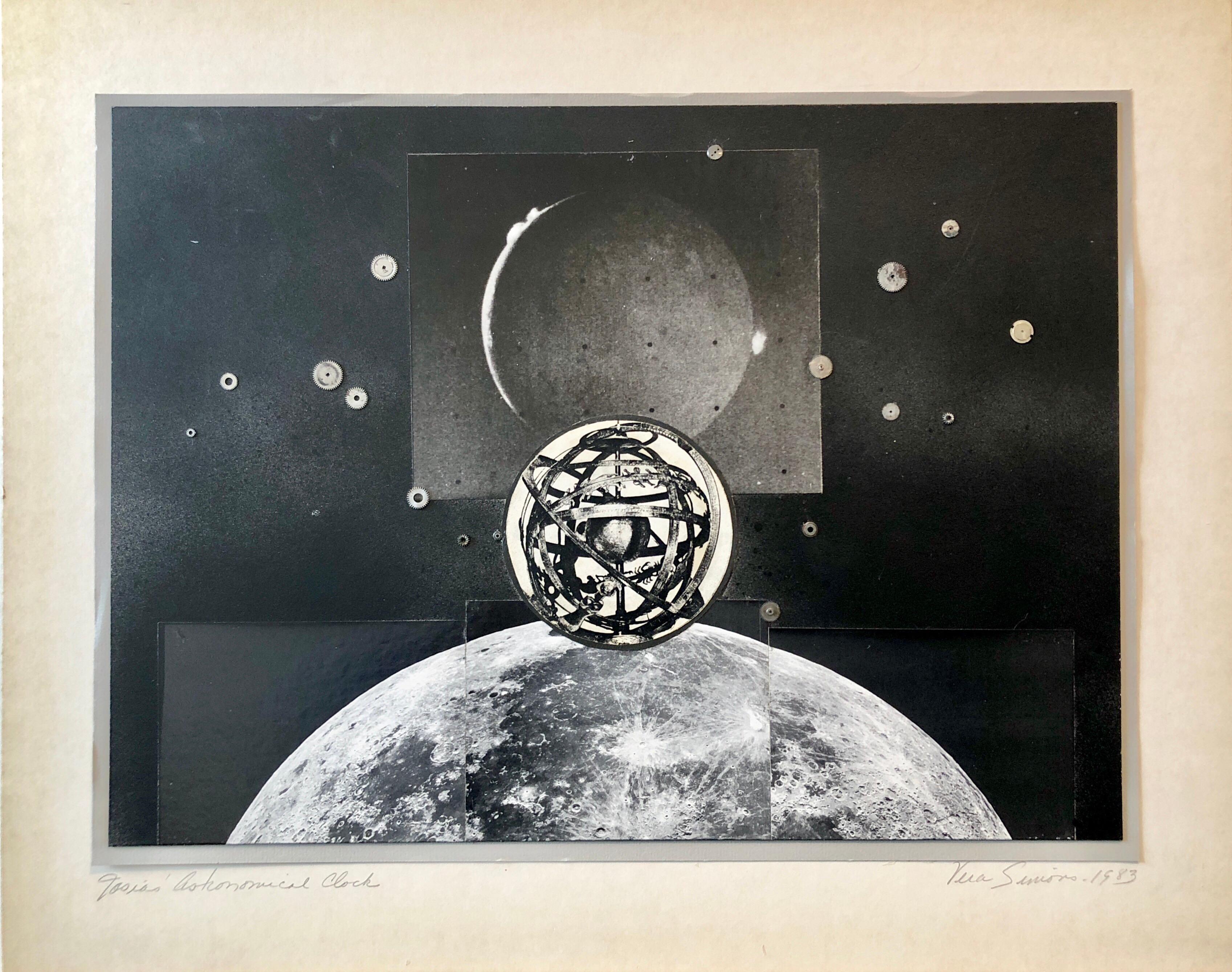 This one depicts a Planetary assemblage with small watch parts (metal wheels) collaged on to it.
It is titled Josias Astronomical Clock
SIMONS, Vera (1920 - 2012)
Vera Habrecht Simons, was a German/American aviation pioneer, aeronaut and photo