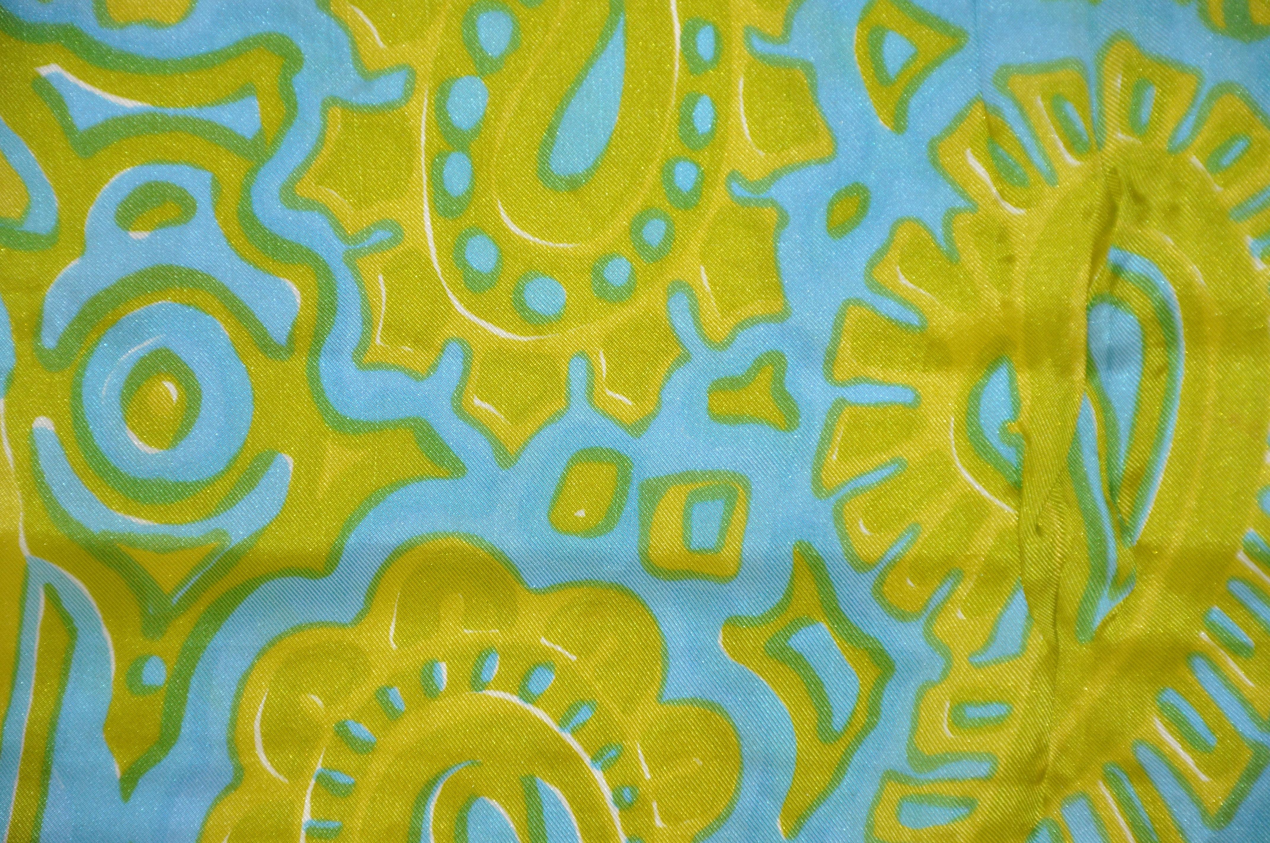 Vert Vera Turquoise & Lime - Écharpe en soie imprimée « Abstract Palsey »  en vente