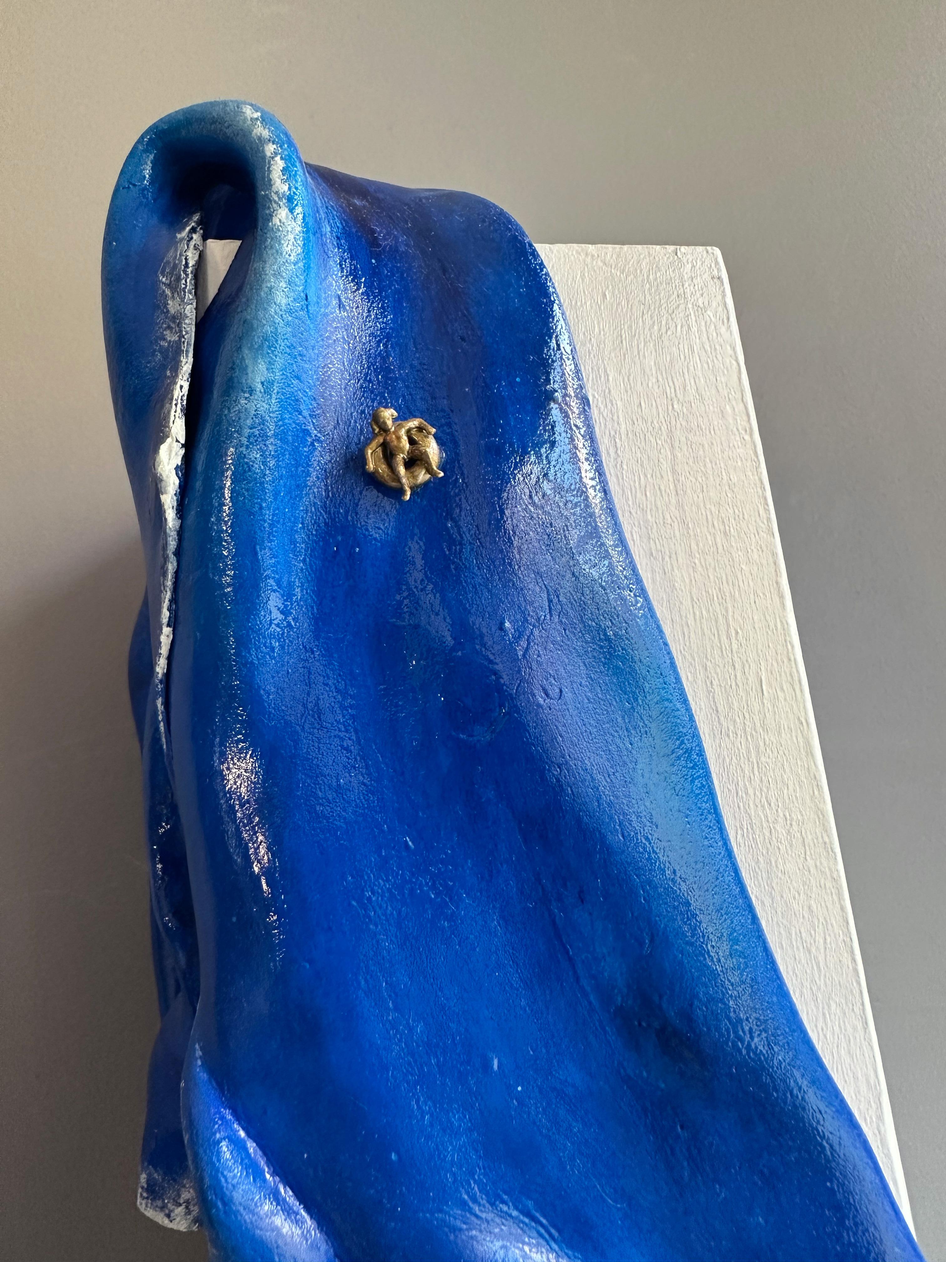 Foam Clay Draped Relief Sculptural Painting in Deep Blue Tones on Fir Wood - Pop Art Sculpture by Vera Vizzi