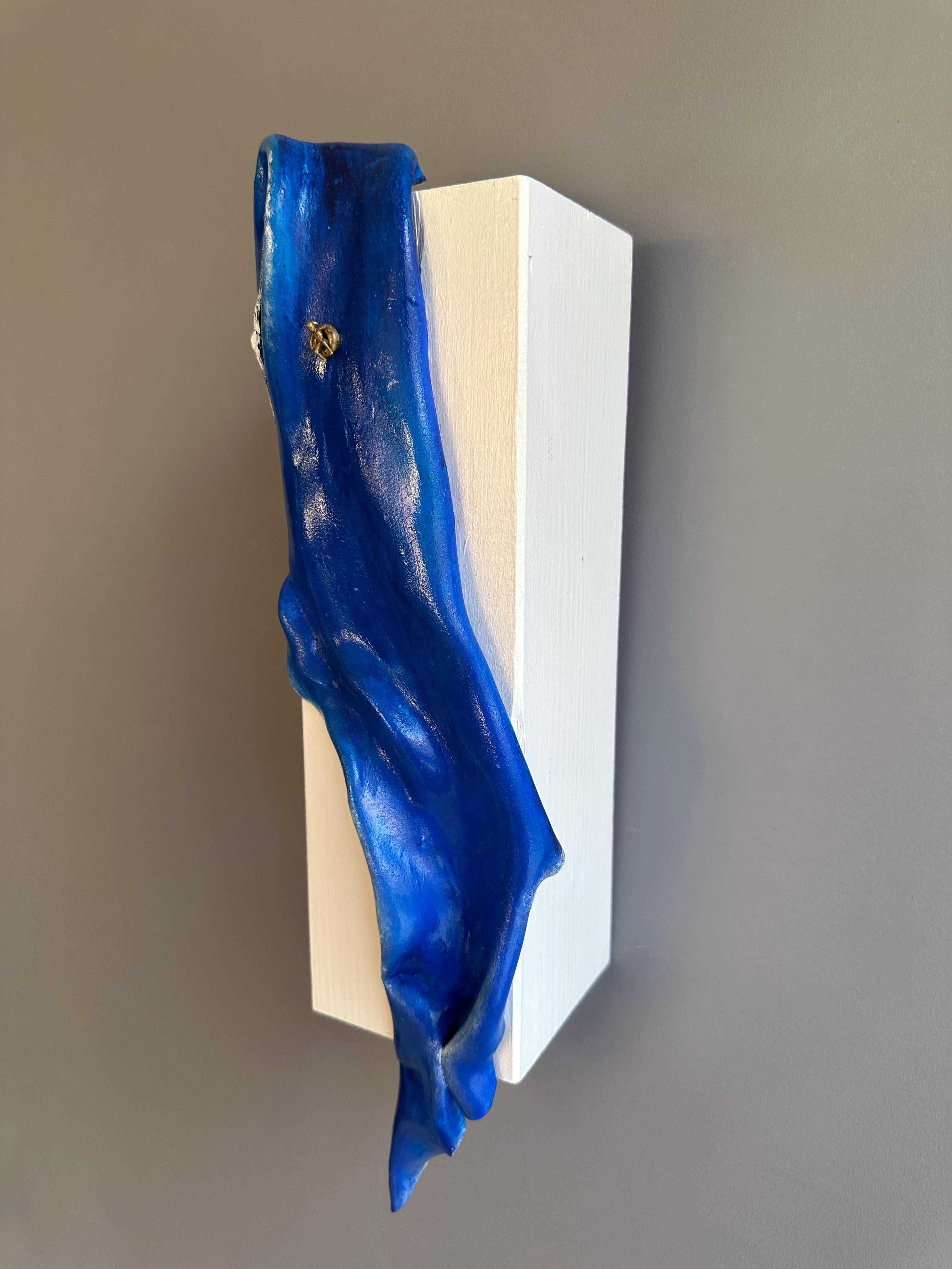 Foam Clay Draped Relief Sculptural Painting in Deep Blue Tones on Fir Wood - Brown Abstract Sculpture by Vera Vizzi