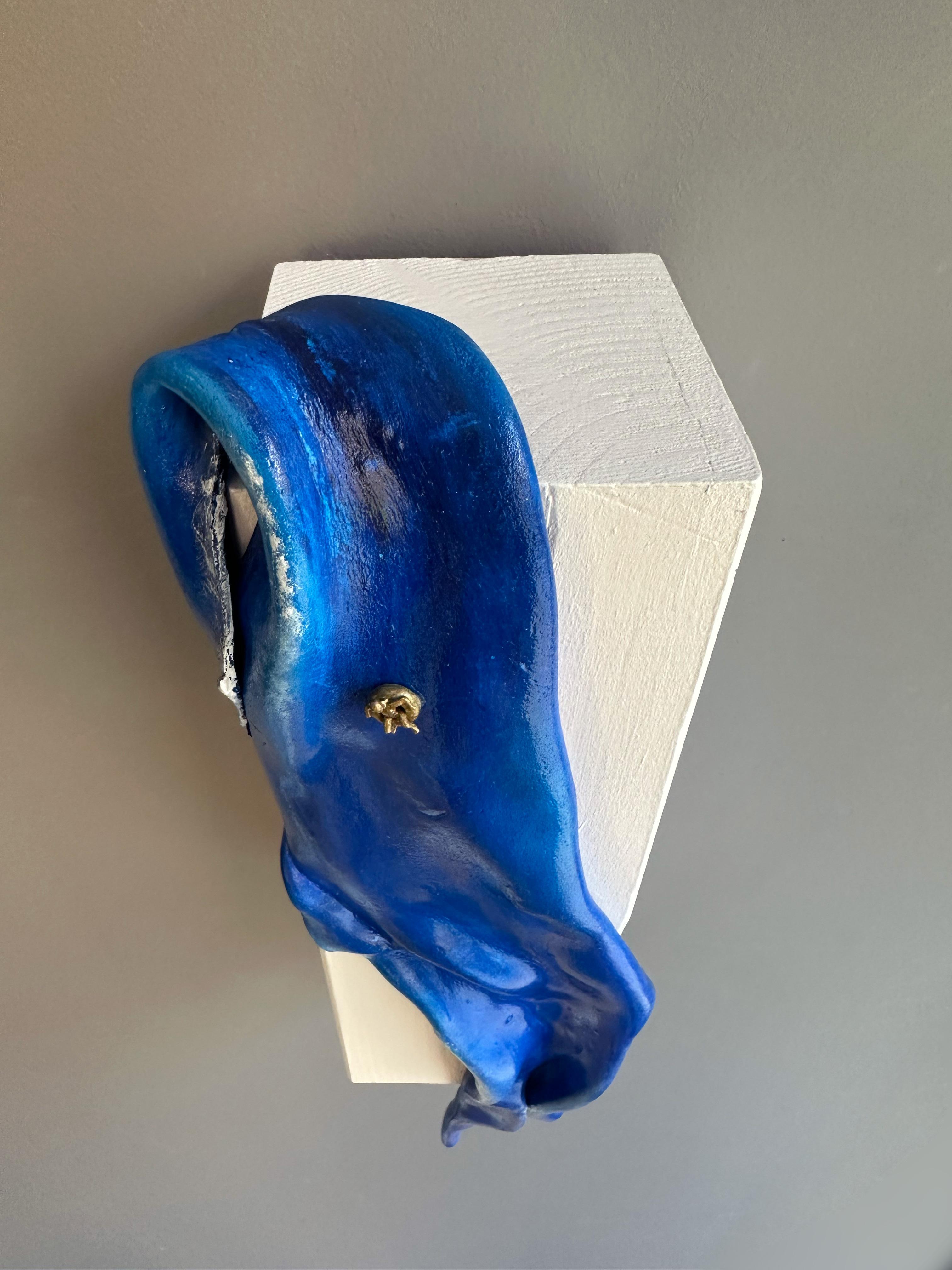 Foam clay relief in deep blue tones on fir wood that sculpts a draped form, suggesting an enclosed oceanic presence at the edge of the field. This sculptural painting is executed in foam clay with layered acrylic colors and enamel highlights on a