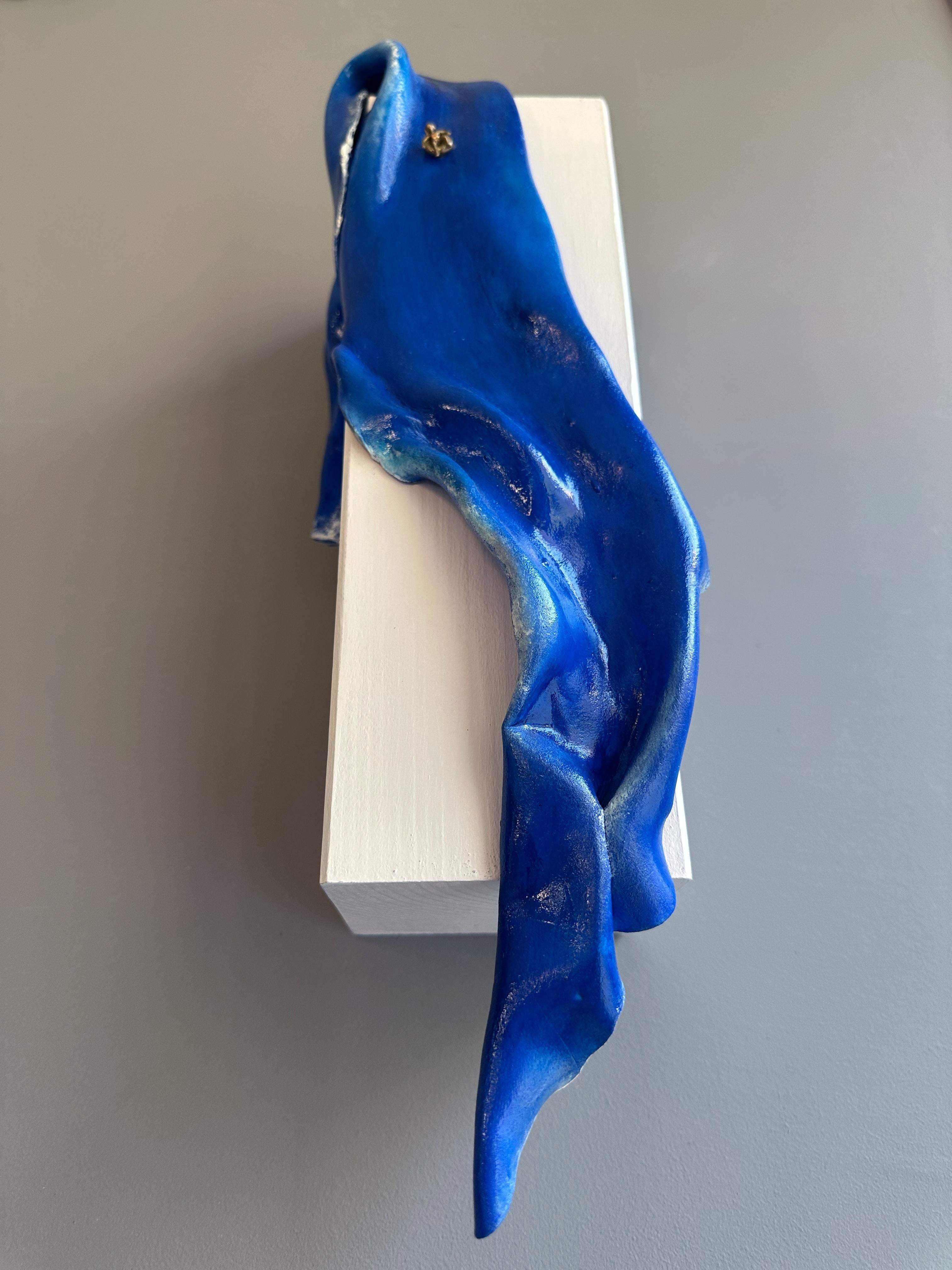 Foam Clay Draped Relief Sculptural Painting in Deep Blue Tones on Fir Wood For Sale 1