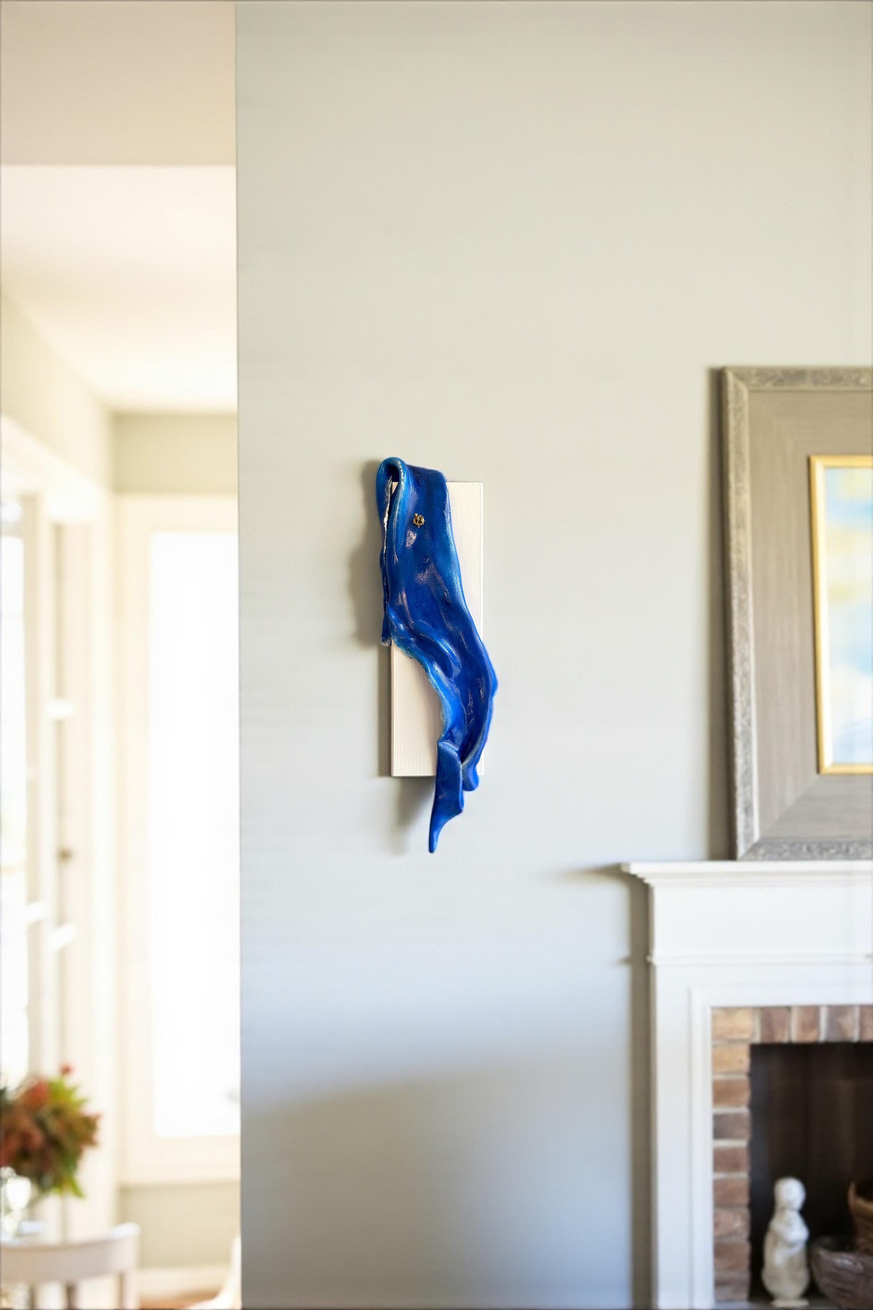 Foam Clay Draped Relief Sculptural Painting in Deep Blue Tones on Fir Wood For Sale 4