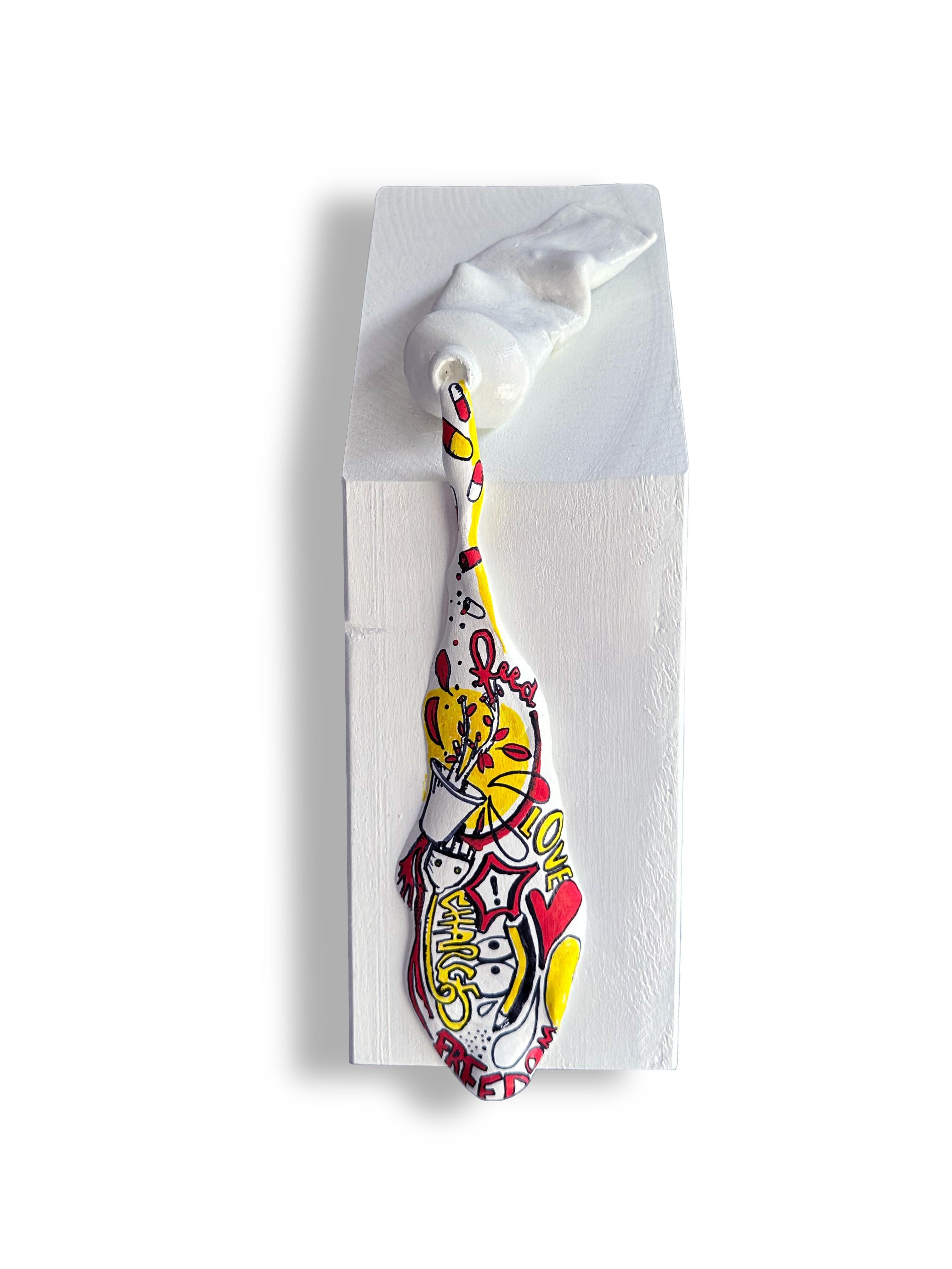 Vera Vizzi Abstract Sculpture - Mixed-Media Wall Sculpture foam clay, acrylic & enamel on wood. "In a While"