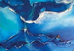 Summer Coastal Wall Sculpture in Blue intense Tones with Miniature Boat, Varco